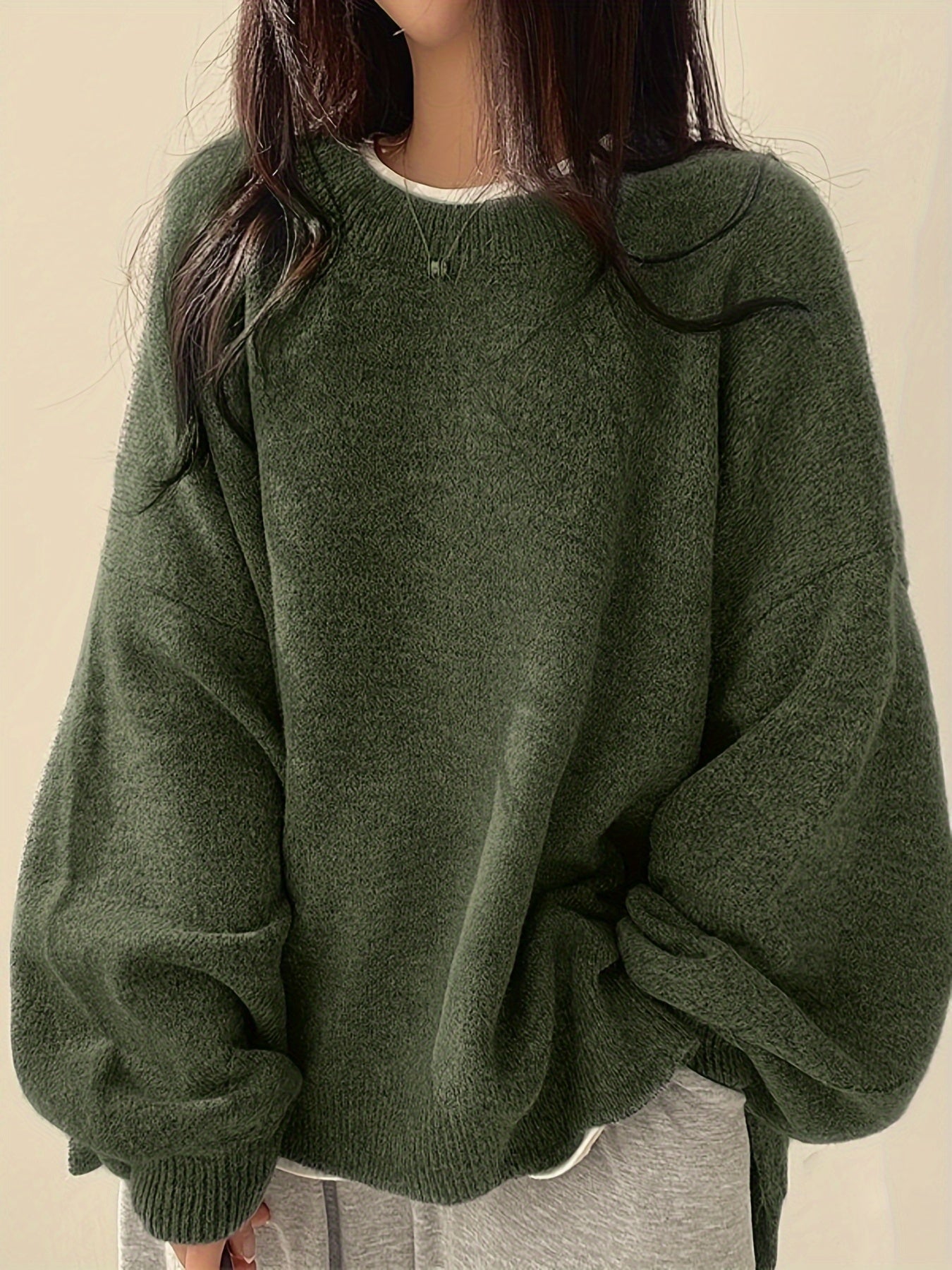 Solid Crew Neck Pullover Sweater, Casual Long Sleeve Drop Shoulder Split Sweater, Women's Clothing