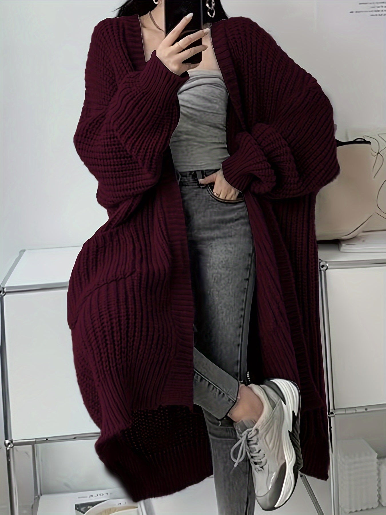 Women'S Y2K Cardigan - Long Flowy Open Front Sweater with Pockets, All-Season Layering Piece for Casual & Formal Outfits, Solid Color No-Belt Design, Cardigan Sweater, Versatile Outfit Addition, Openfront Design, Durable Knitwear, Soft Texture