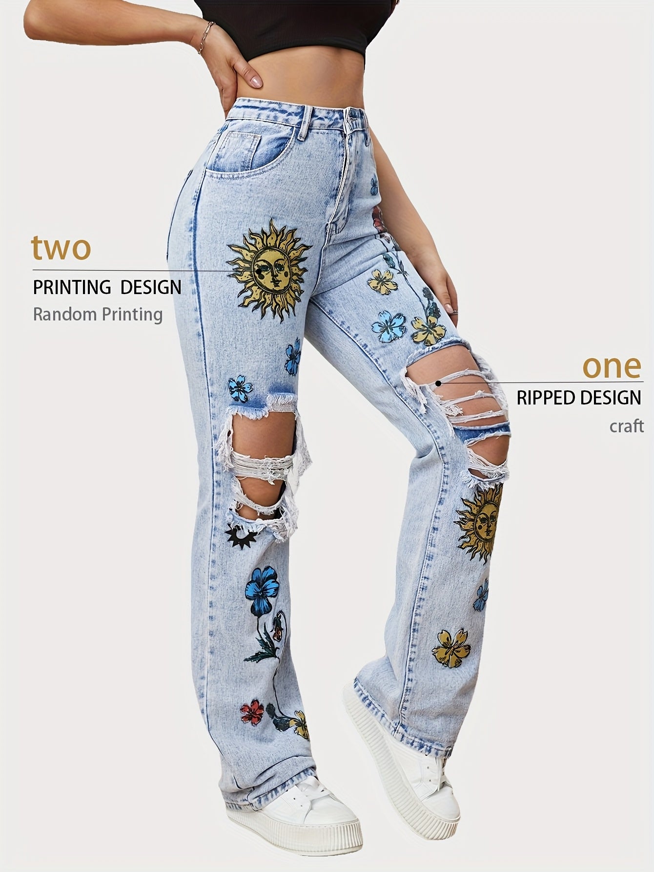 Carnaval Floral Print Ripped Straight Jeans, Loose Fit High Waist Distressed Slash Pockets Music Festival Denim Pants, Women's Denim Jeans & Clothing