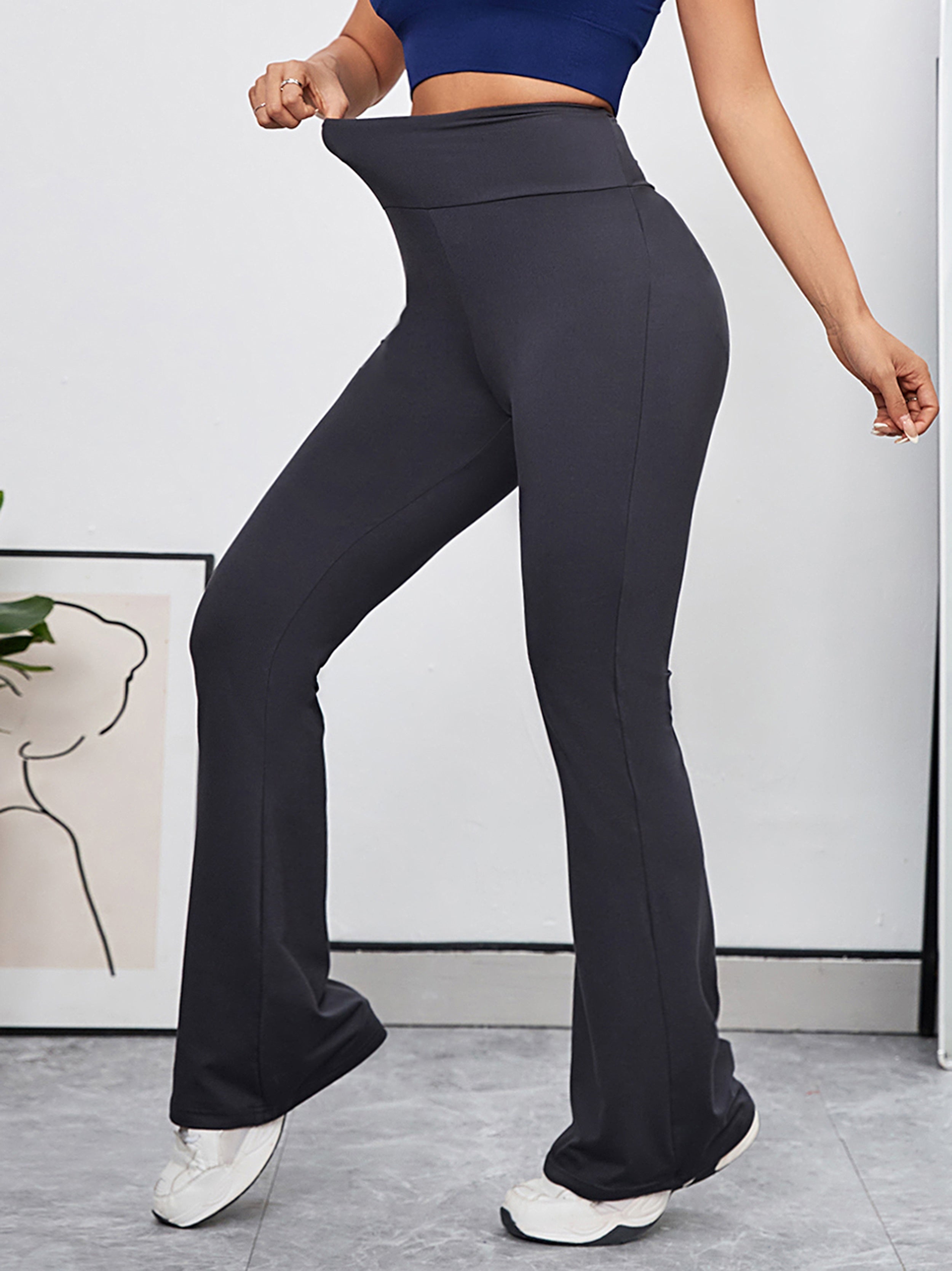 High Waist Stretch Flared Pants, Solid Color Yoga Bootcut Pants, Women's Activewear