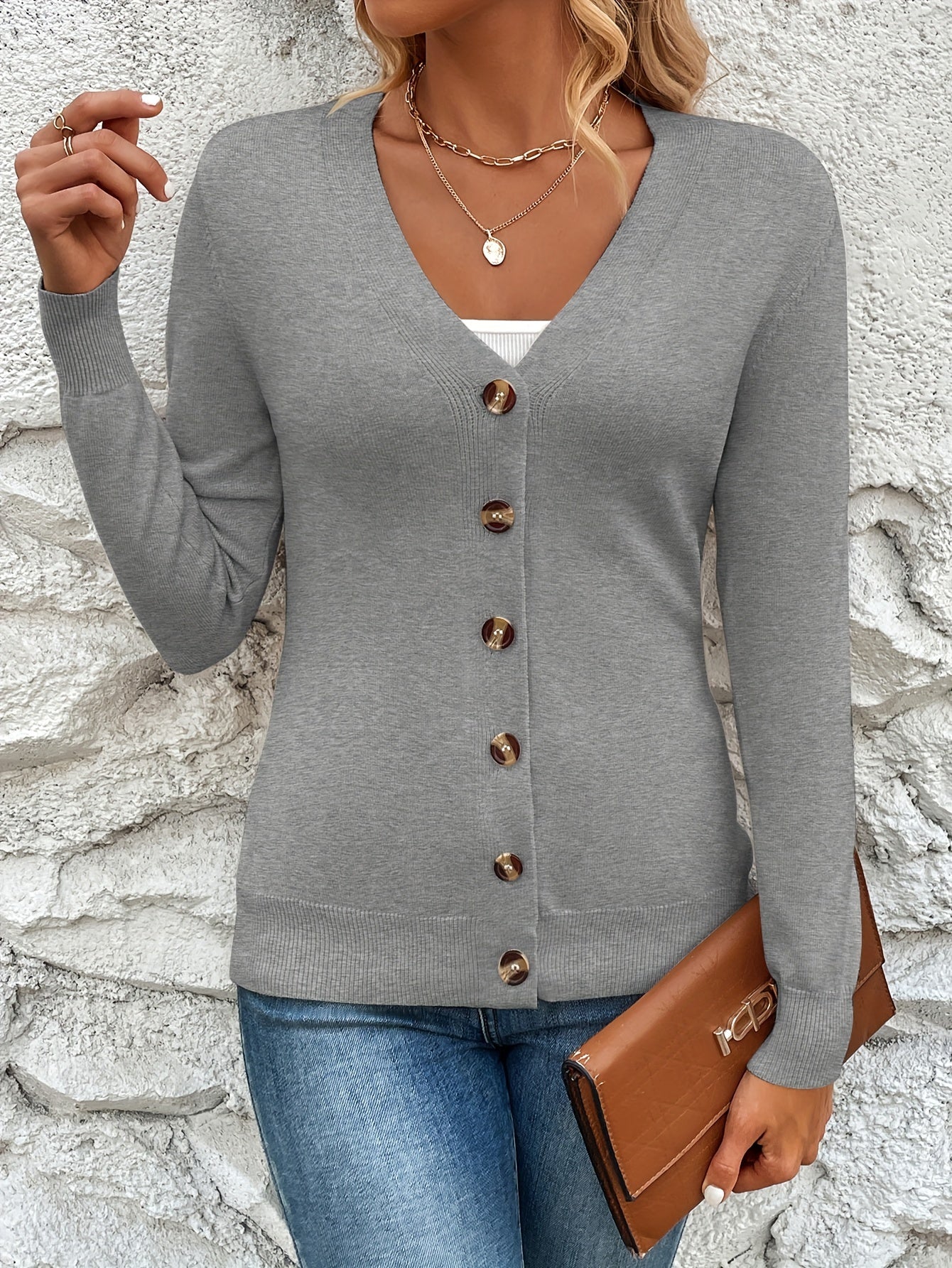 Solid Color Button Front Top, Elegant V Neck Long Sleeve Cardigans Top For Every Day, Women's Clothing