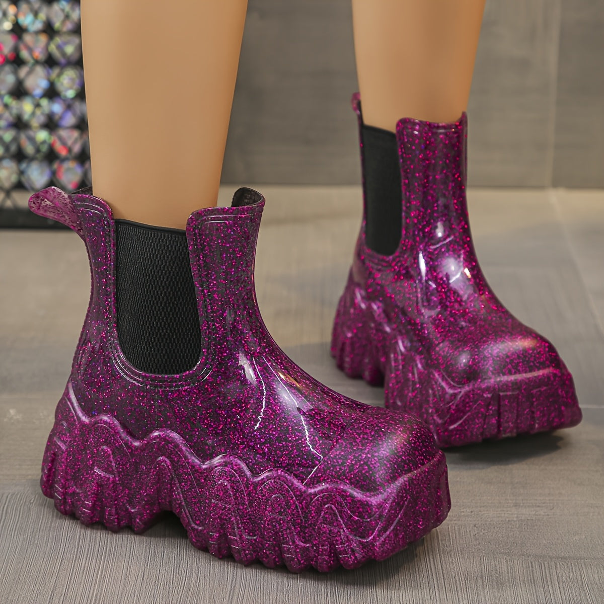 1pr Fashionable Women'S Square Toe Waterproof Rain Boots, PVC Material with Fabric Lining and Insole, Chunky Sole, Non-Slip, Fashion Chelsea Ankle Booties for All Seasons