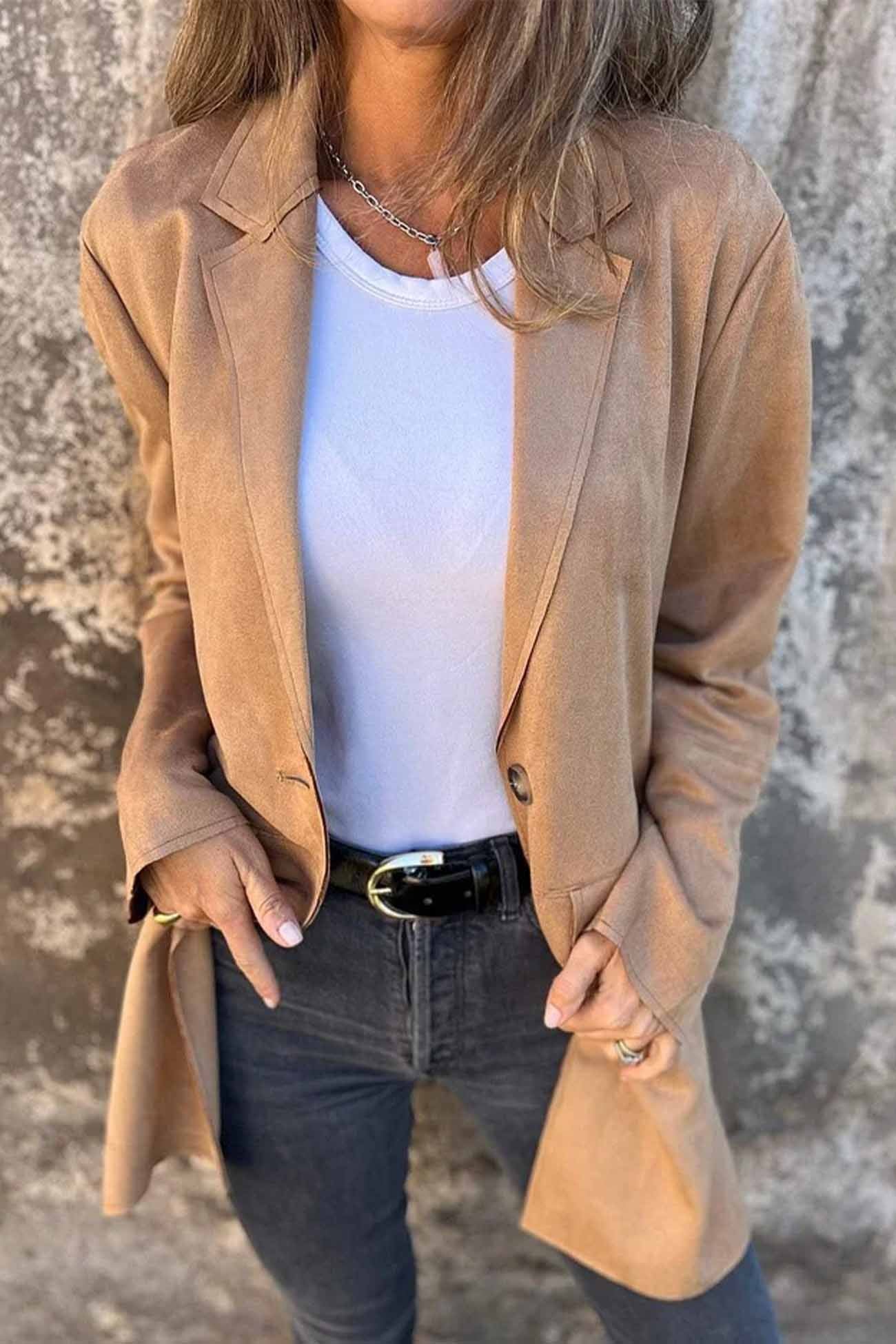 Women’S Suede Blazer - Tailored Fit - Notched Lapel - Single-Breasted Two-Button Jacket