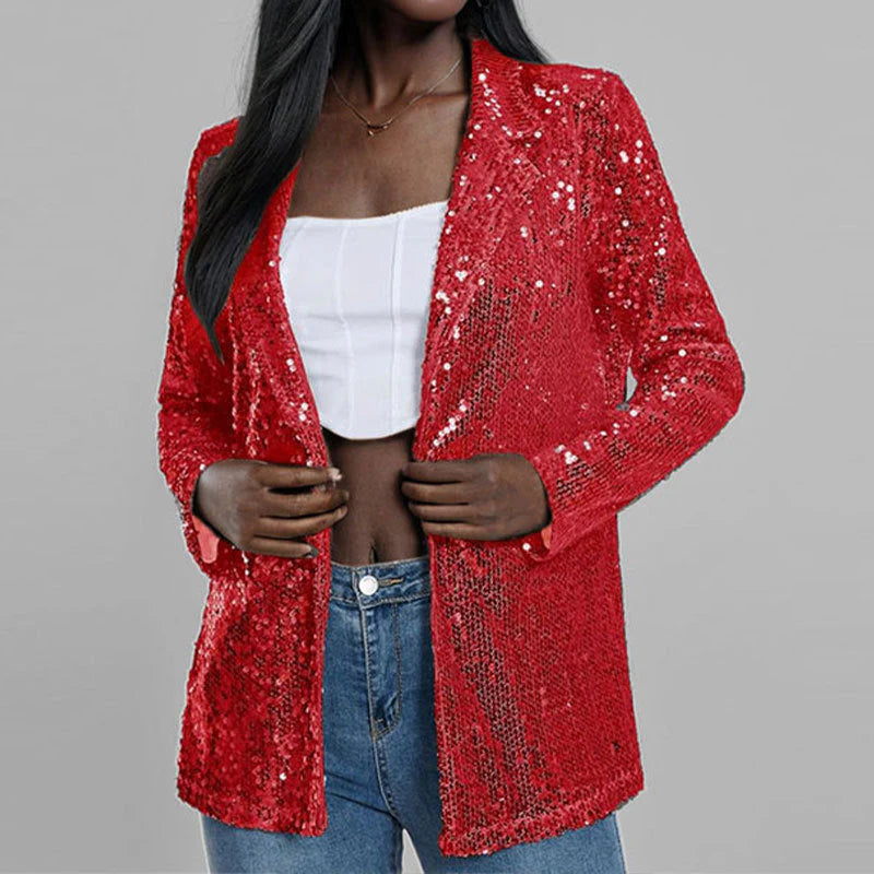 Women’S Blazer – Sequin Embellished – Tailored Fit – Open Front Notch Lapel – Full Sleeve