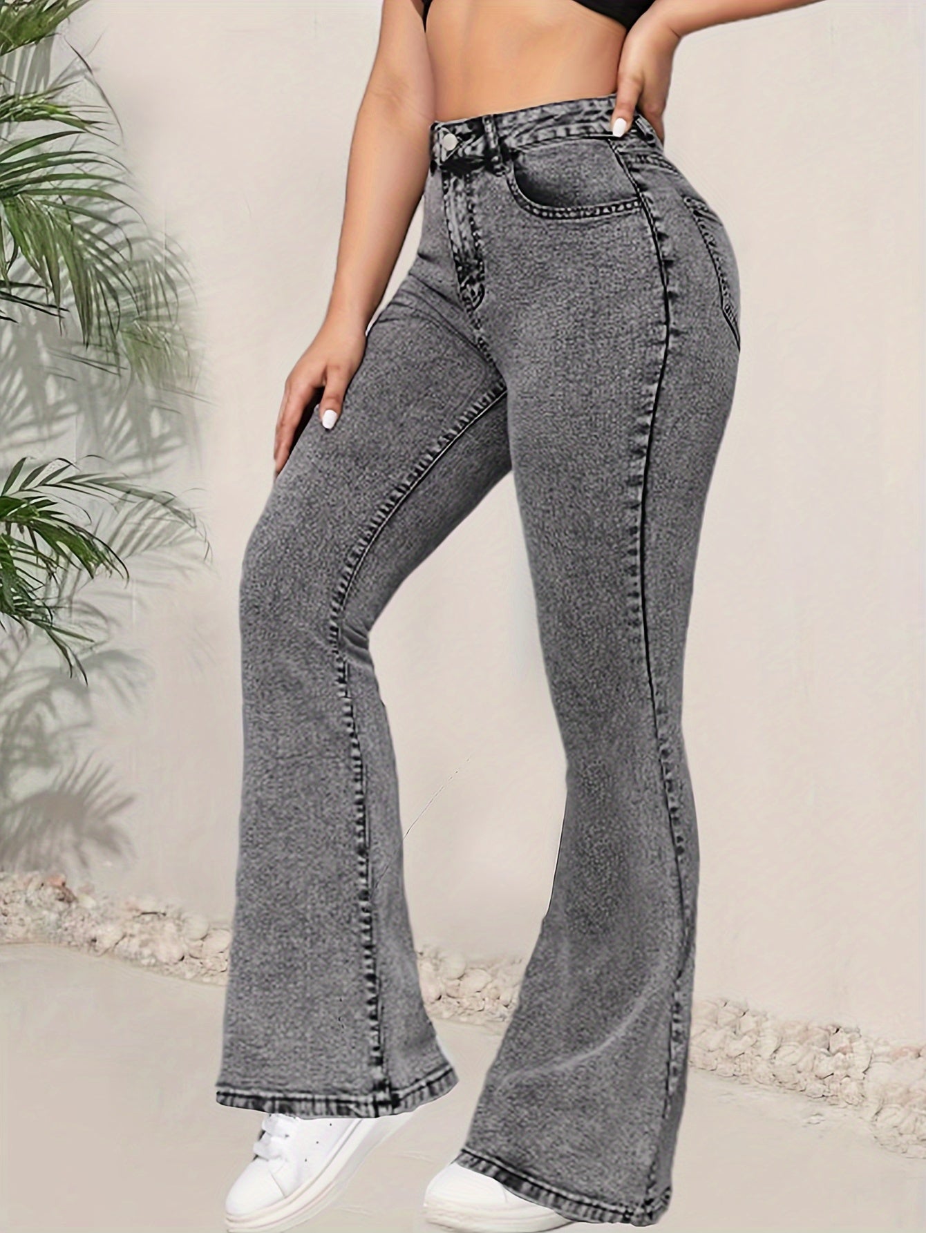 Plain Washed Grey Flare Leg Denim Pants, High Rise Versatile Bell Bottom Denim Pants, Women's Denim Jeans & Clothing