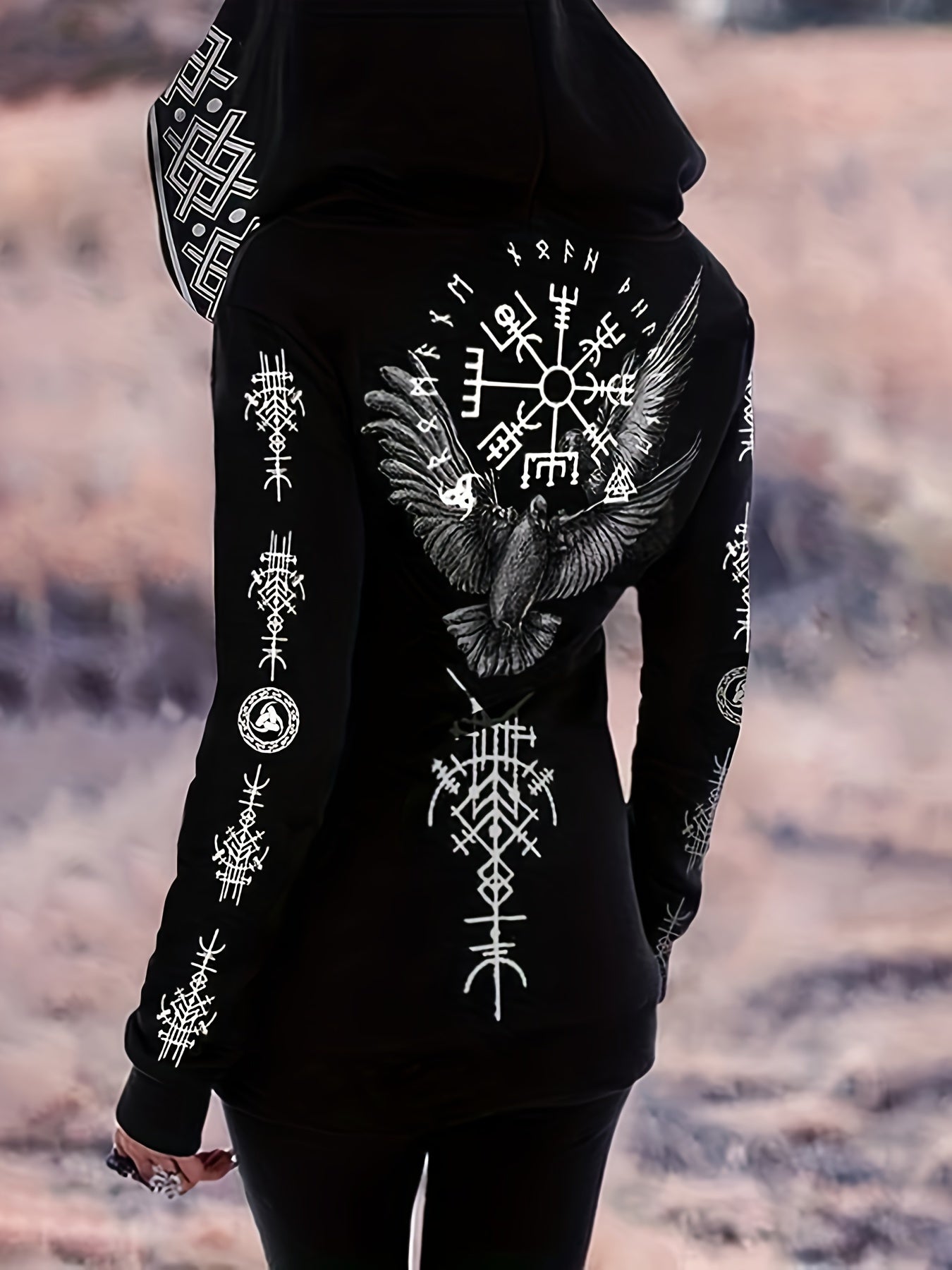 Tribal Viking Totem Contrast Print Zipper Hoodie