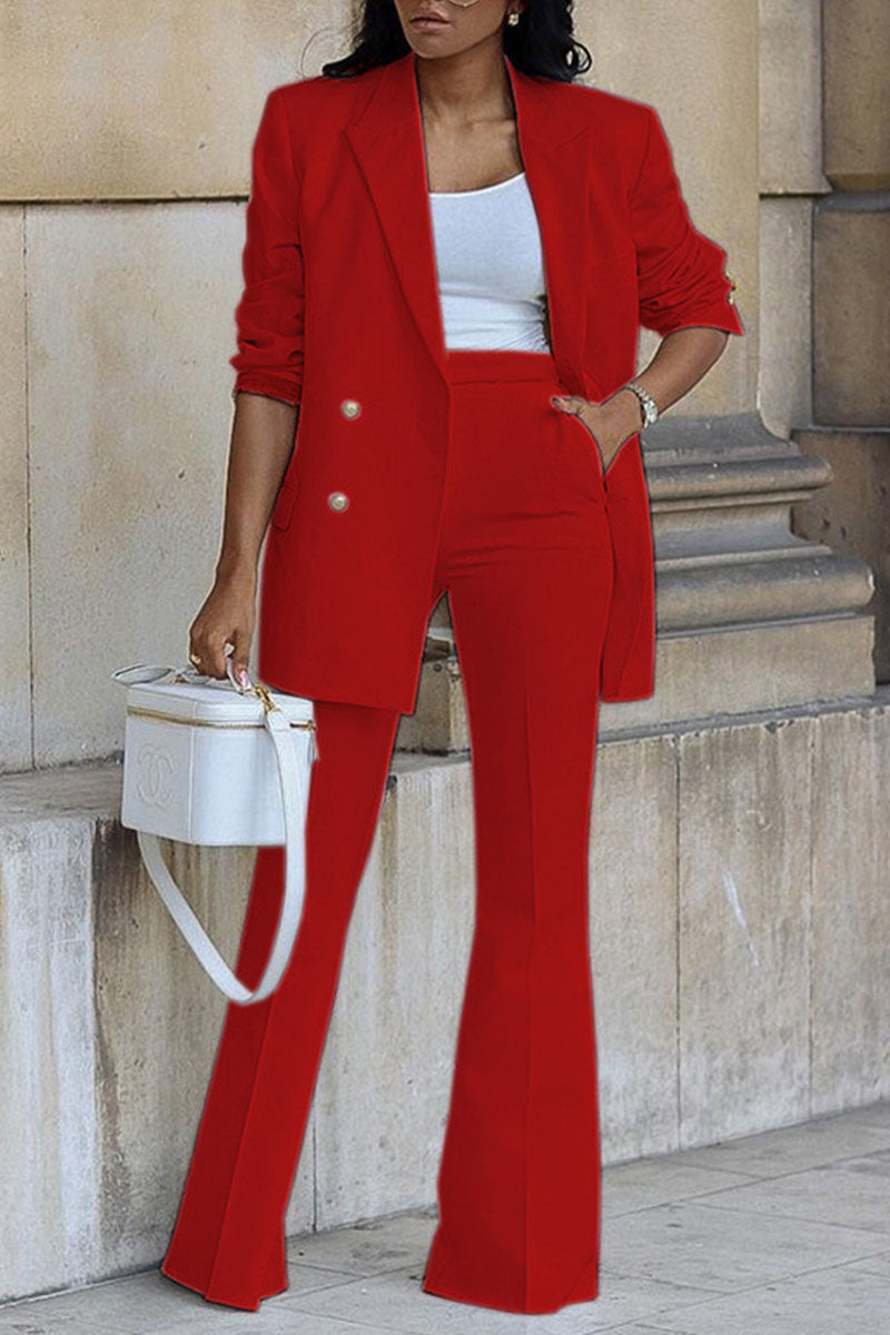 Women’S Blazer and Pants Set – Double Breasted – High Waist Flared Trousers – Structured Fit