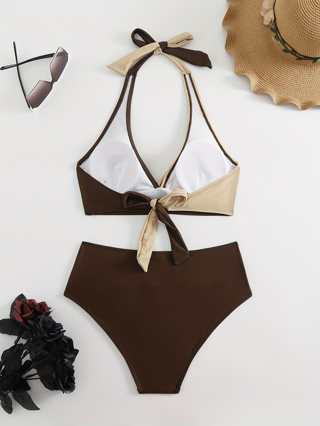 Women's Bikini Set, Solid Color Cross-Strap Two-Piece Sexy Beachwear with Halter Neck