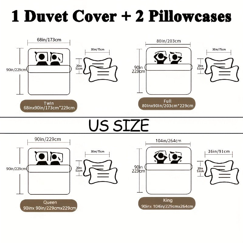 3pcs Chic Leopard & Heart Print Bedding Set - Soft Polyester Duvet Cover & 2 Pillowcases, Zip Closure, Machine Washable - Versatile for All Seasons, White with Black & Brown Accents, Bed Accessories