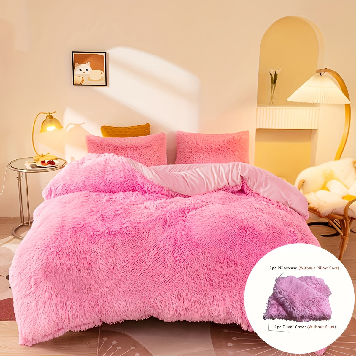 3pcs Solid Color Long Plush Quilt Cover Set