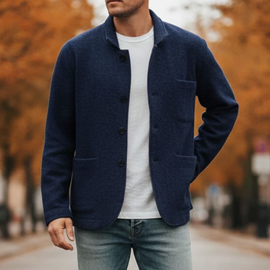 textured knit outerwear with three pockets and collar styling