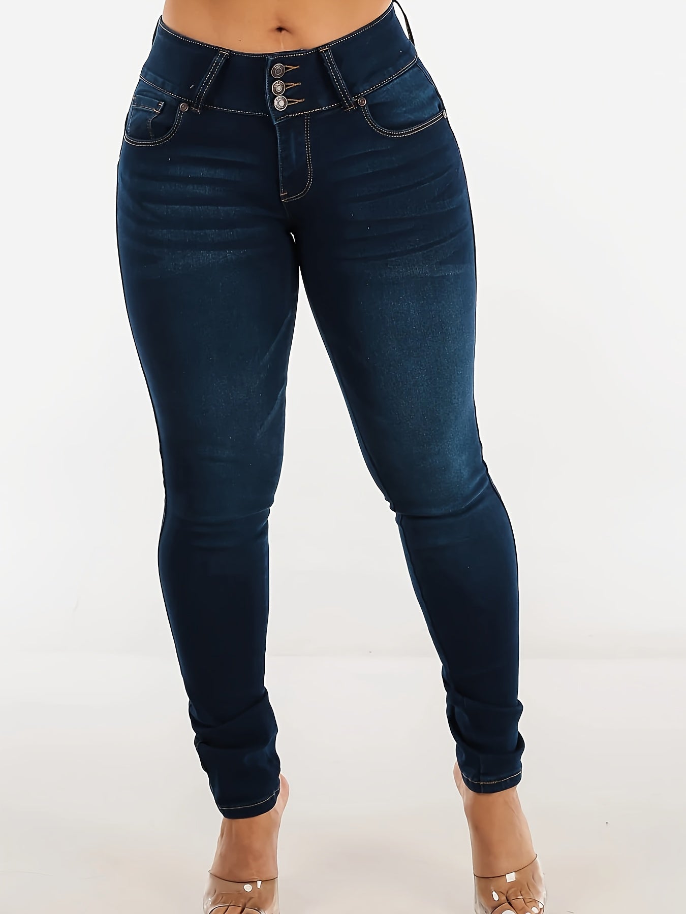 Women'S Sexy Geometric-Pattern Denim Jeans, Mid-Waist Skinny Fit with Wide Back Pockets, Multi-Button Detail, All-Season Long Length, 85% 13% Polyester 2% Elastane, Woven Fabric 240g/m² - Going Out Fashion