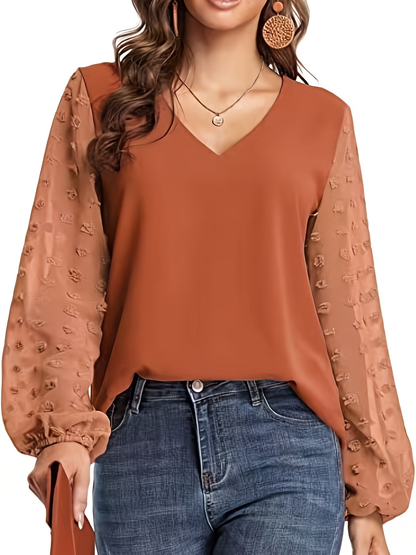 Swiss Dot Sleeve Shirt, Casual V Neck Solid Shirt For Spring & Fall, Women's Clothing