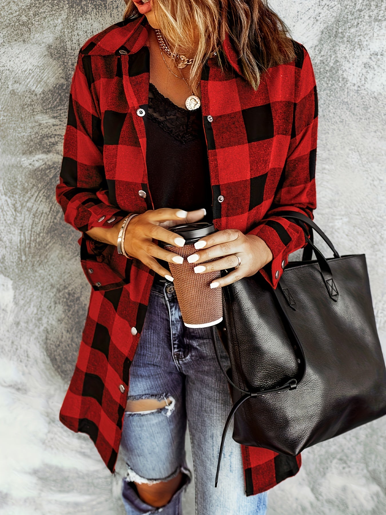 Plaid Print Button Front Shirt, Casual Long Sleeve Shirt For Spring & Fall, Women's Clothing