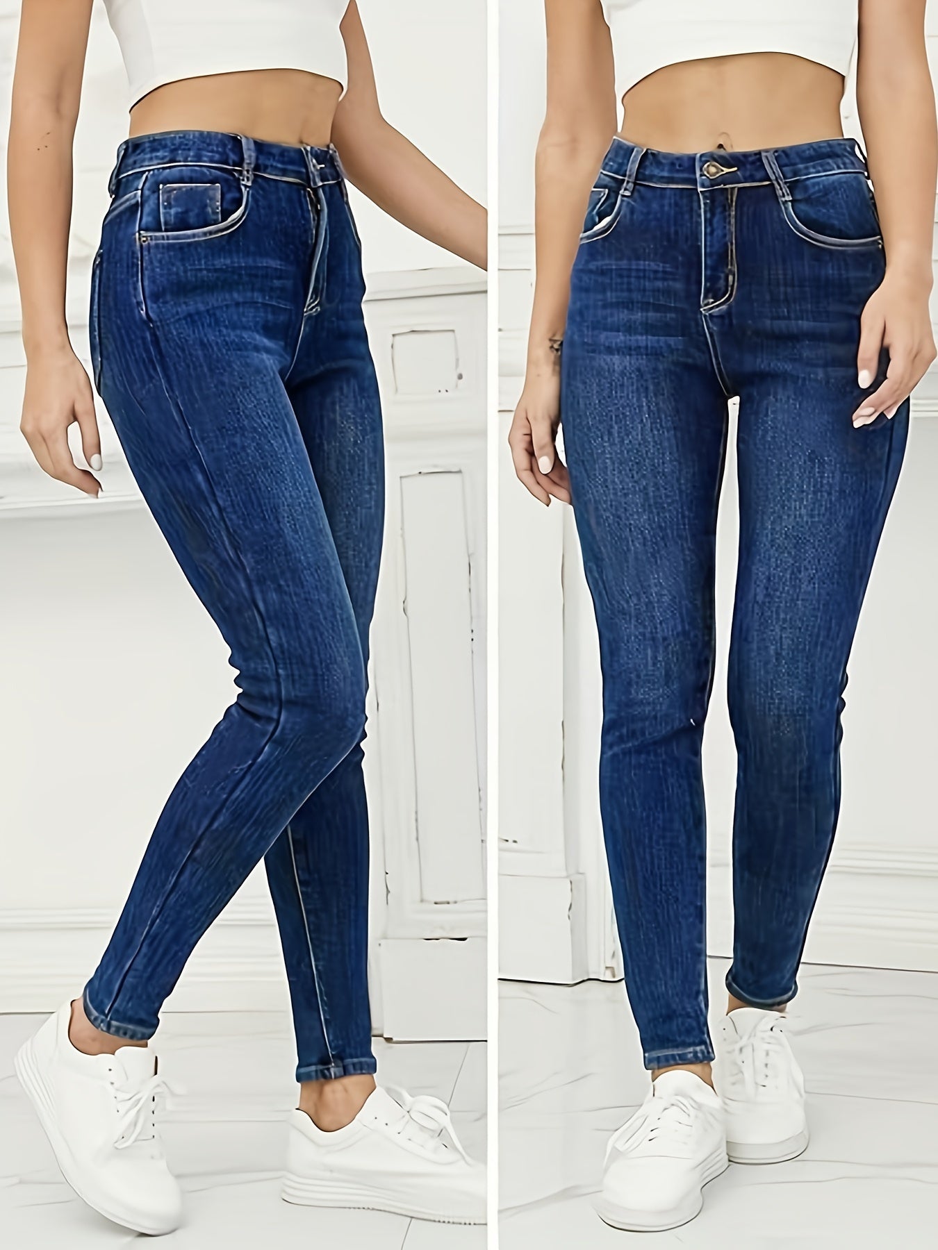 Women'S Cozy Fleece-Lined Slim-Fit Jeans with Flap Pockets - Stretch Denim Long Pants, Casual Style, Button Closure, Gray, Perfect for Fall/Winter, Winter Jeans|Casual Style Jeans|Slim Fit Jeans