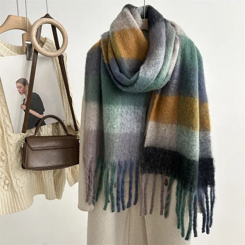 Ornella - Stilfuldt Strikket Kvinde Halstørklæde-Scarf-Zuruz-Blå Og Grøn Gitter-38x250cm-Zuruz
