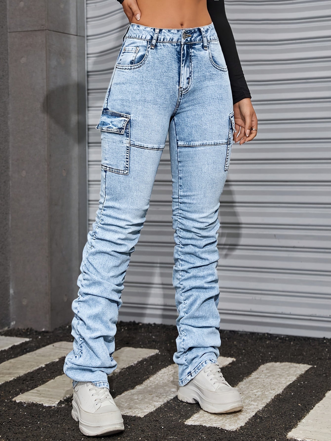 Women'S High-Waisted Stretch Denim Jeans - Light Blue, Casual Style with Pockets, Comfortable Fit for Spring/Summer/Fall, High Waisted Jeans