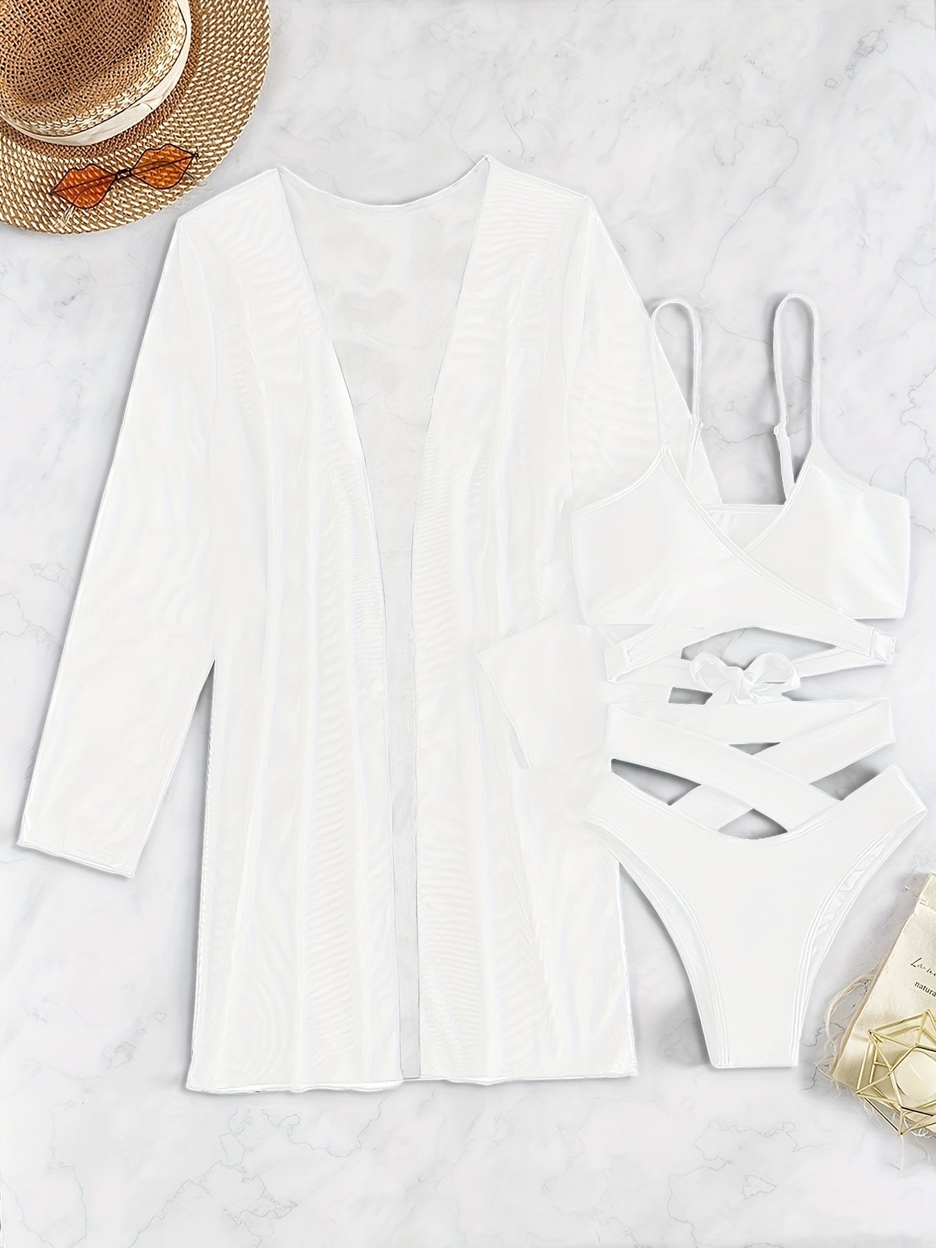 3-Pieces V Neck Bikini Sets, Criss Cross Strap High Cut With Cover Up Shirt Long Sleeves Bathing Suit, Women's Swimwear & Clothing