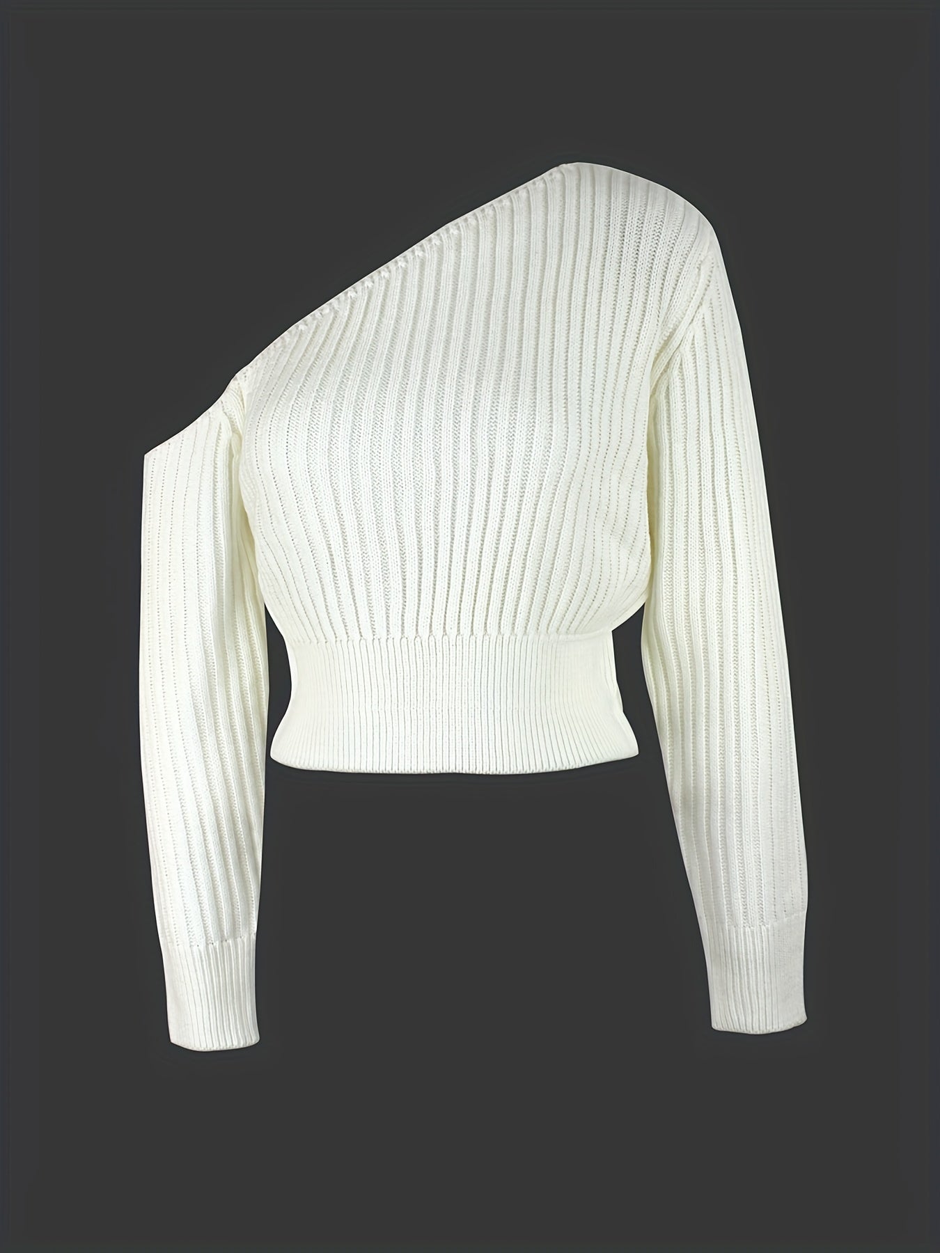 Women's Sexy Off-Shoulder Ribbed Sweater - Long Sleeve Cropped Pullover with Medium Stretch, Solid Color Casual Chic Top for Spring & Fall, Cute Sweaters, Elegant Layering Piece, Breezy Knitwear, Comfortable Fit