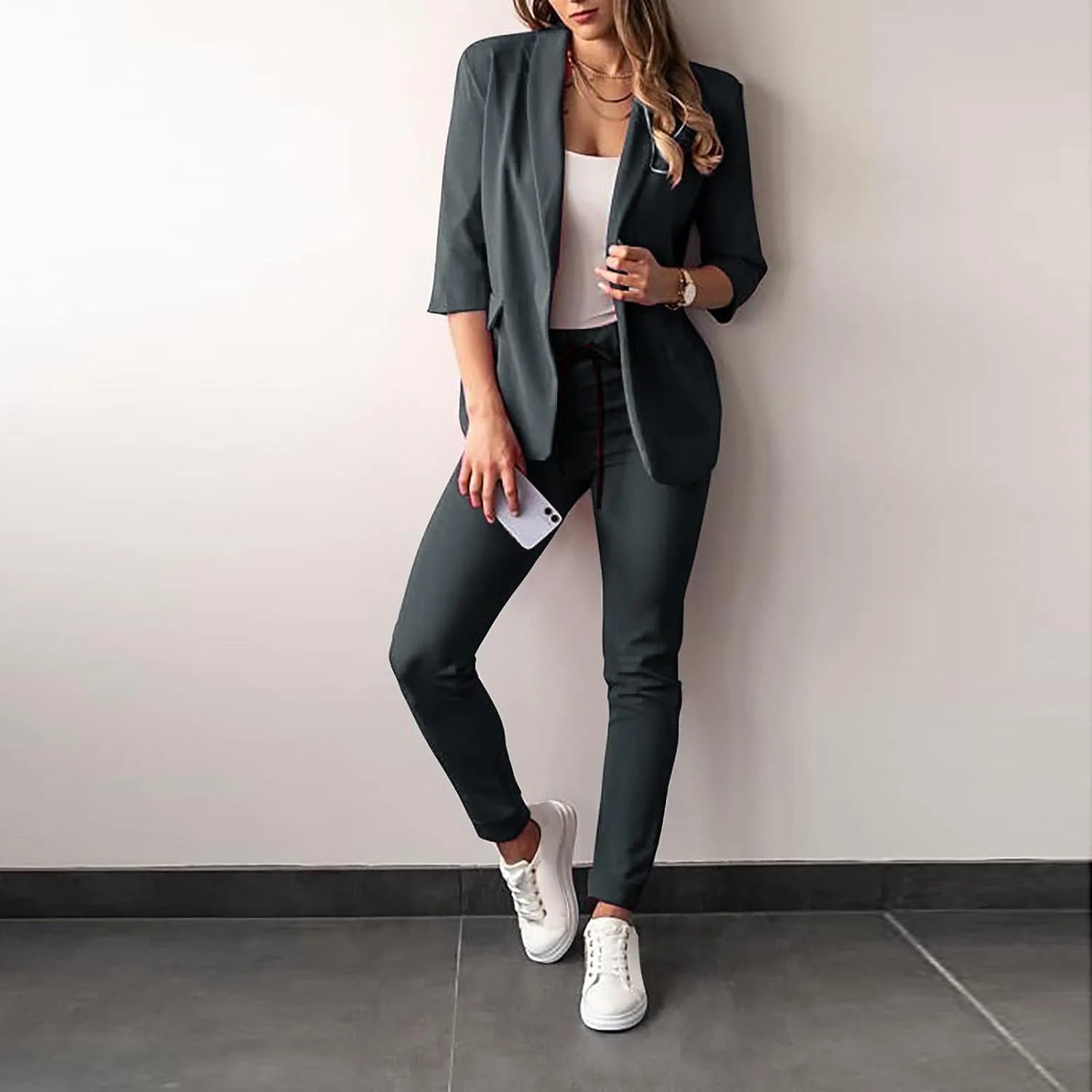 Women’S Pantsuit – Tailored Blazer with 3/4 Sleeves – Slim Fit Trousers – Office Wear