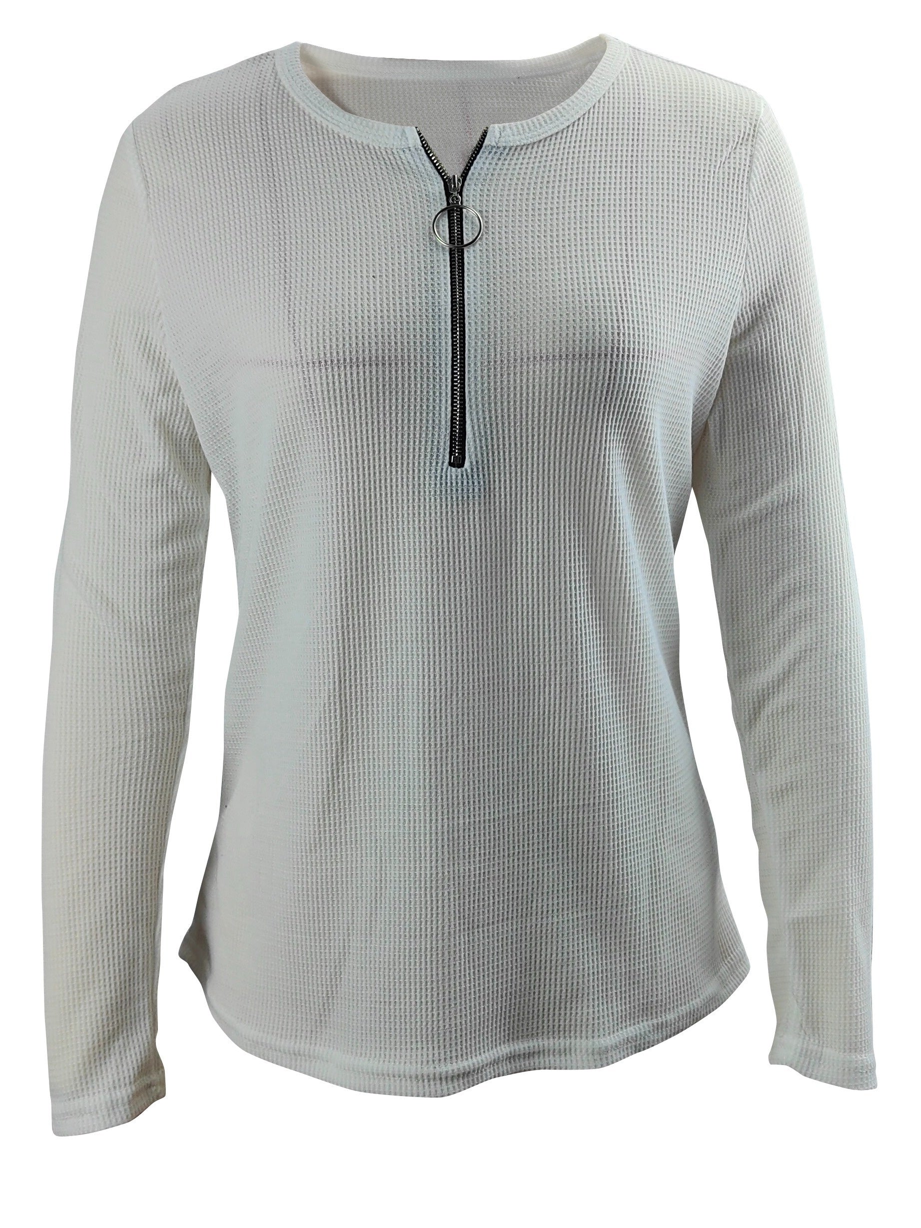 Ribbed Zip Front T-Shirt, Casual Long Sleeve Top For Spring & Fall, Women's Clothing