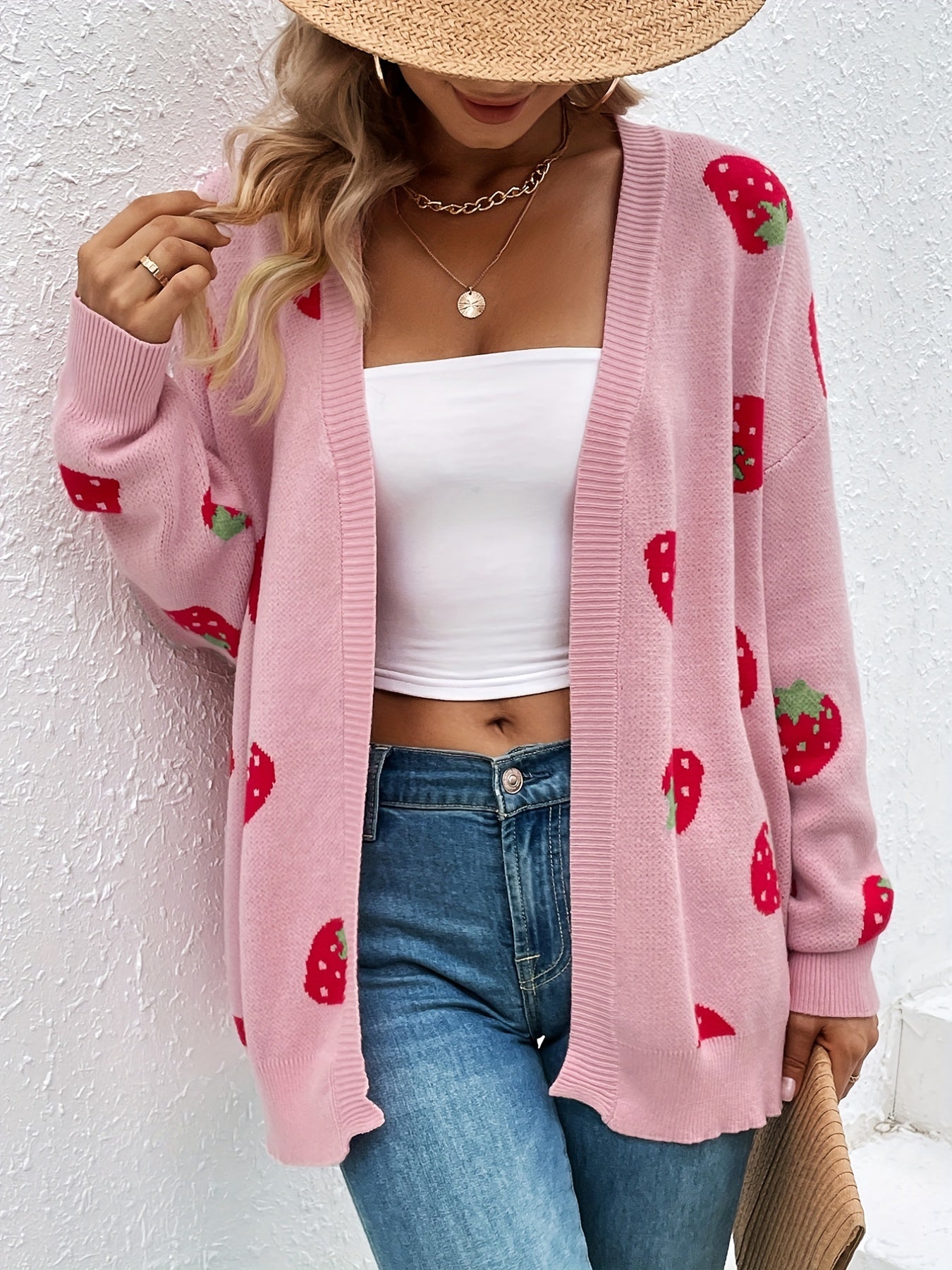 Strawberry Pattern Open Front Cardigan, Elegant Long Sleeve Cardigan For Spring & Fall, Women's Clothing