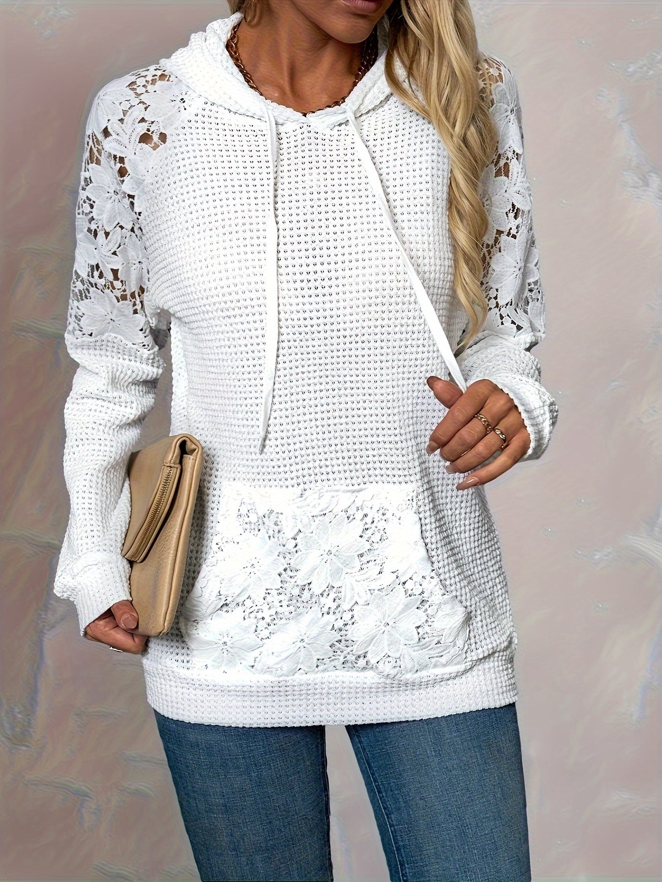 Women's Casual Hooded Lace Contrast Raglan Sleeve Pullover - Semi-Sheer Top with Front Pocket, Machine Washable & All-Season Comfort, Long Sleeve Lace Top, Comfortable Hoodie, Fashionforward Hoodie, Stretchy Fabric, Clothing Essential, Trendy Hoodie, Sof