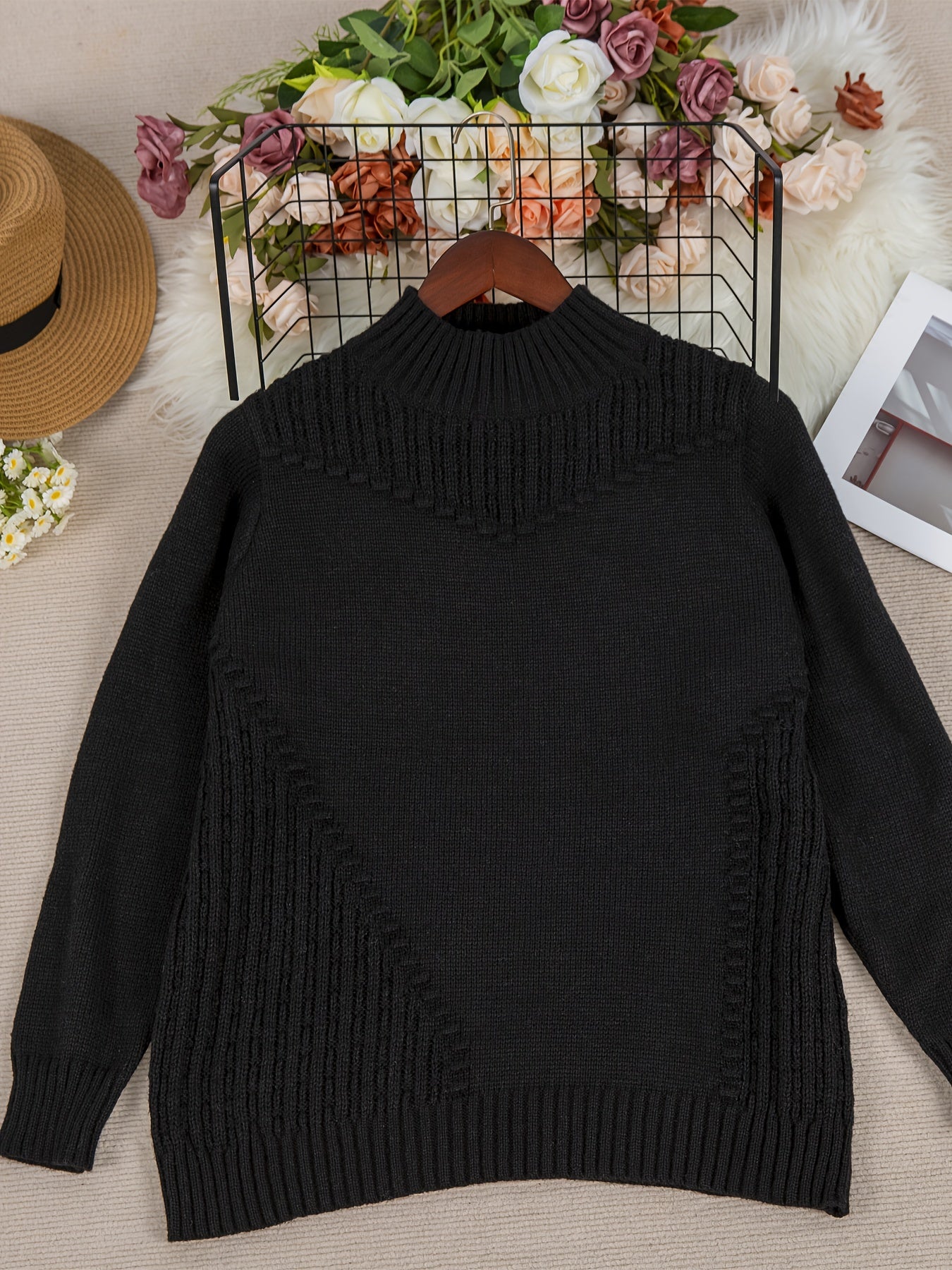 Plus Size Women's Half-Turtleneck Sweater - Soft Sleeve Pullover, Solid Black Casual Chic Top, Machine Washable All-Season Versatile Wardrobe, Everyday Pullover, Minimalist Design, Ribbed Texture