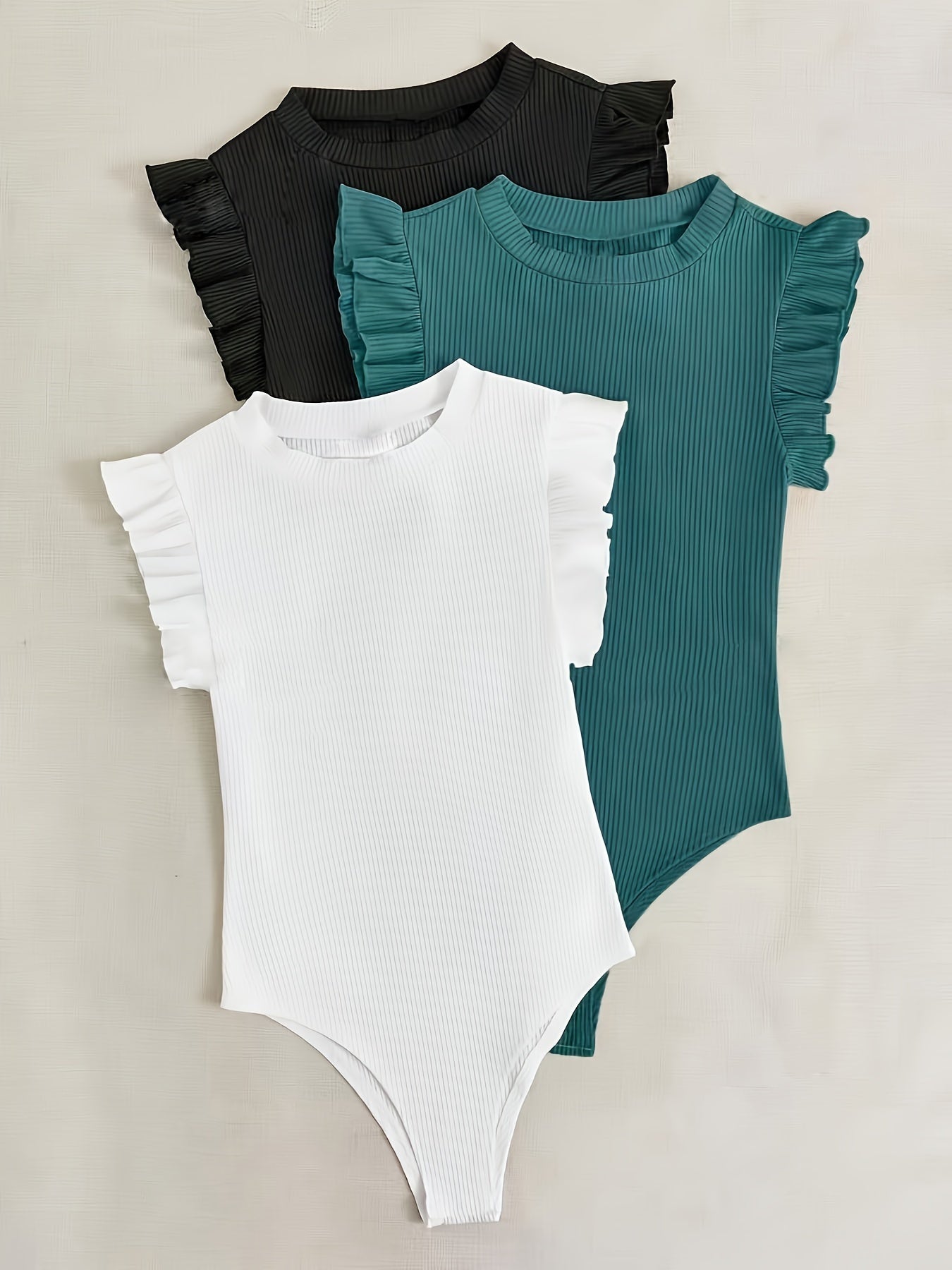 3pcs Women'S Lace Sleeveless Bodysuits - Ribbed, Round Neck, Button Detail, Solid Color, Spring/Summer Collection, Versatile Bodysuit | Button Detail Bodysuit | Construction, Bodysuit Layers
