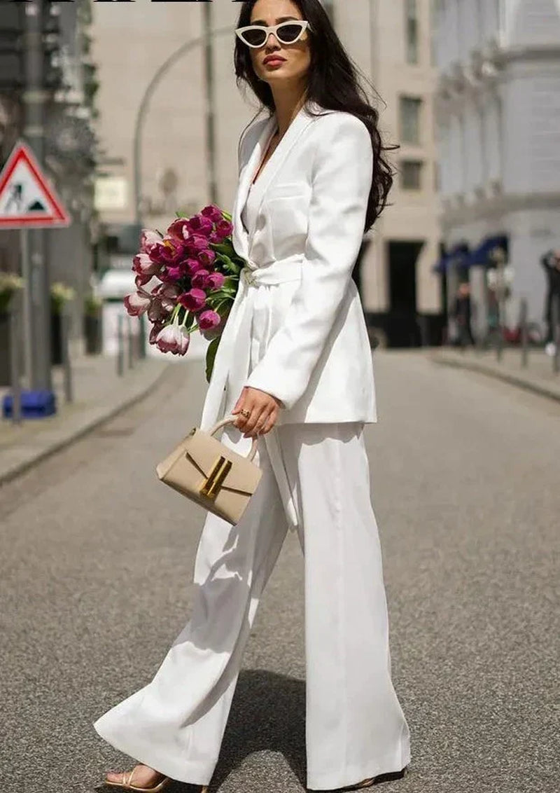 Women'S Elegant Blazer Set – Shawl Lapel Jacket & Wide-Leg Pants