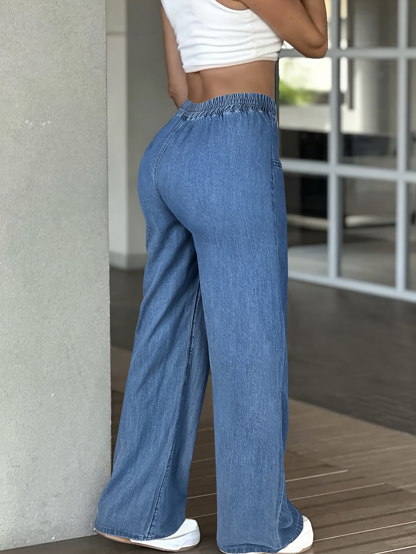 Women'S High Waist Straight Leg Jeans, Casual Non-Stretch Denim Pants, Solid Color, with Drawstring Waist, for All Seasons
