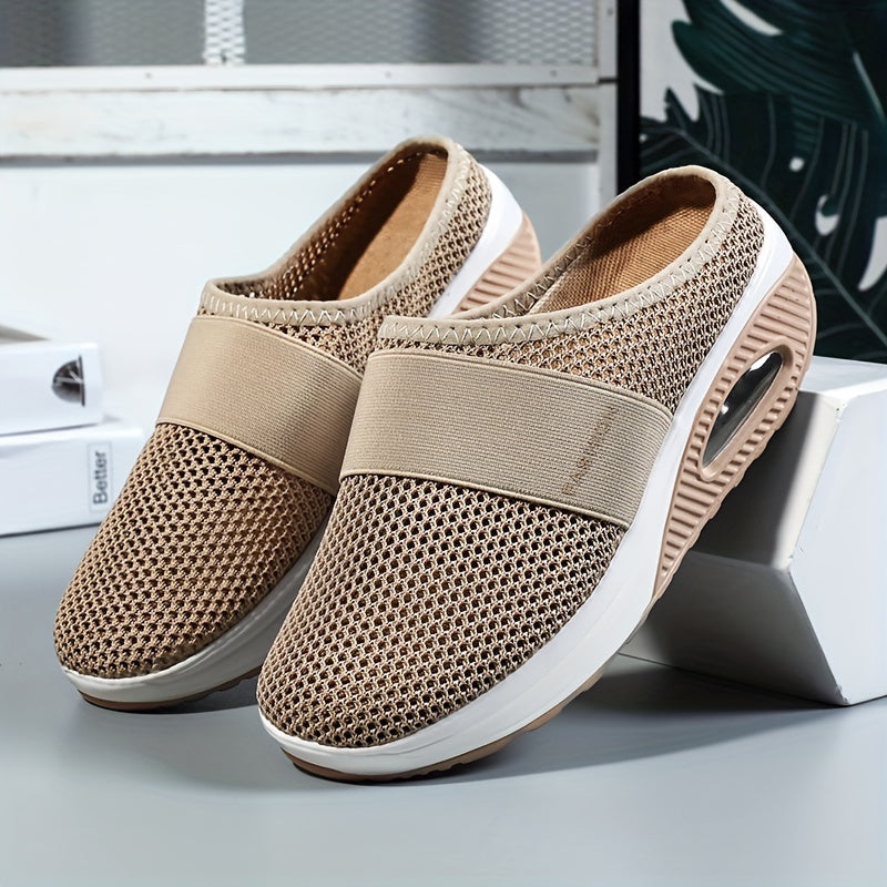 Women's Solid Color Mesh Sneakers, Soft Sole Platform Air-cushion Walking Shoes, Half Drag Breathable Daily Shoes plus size