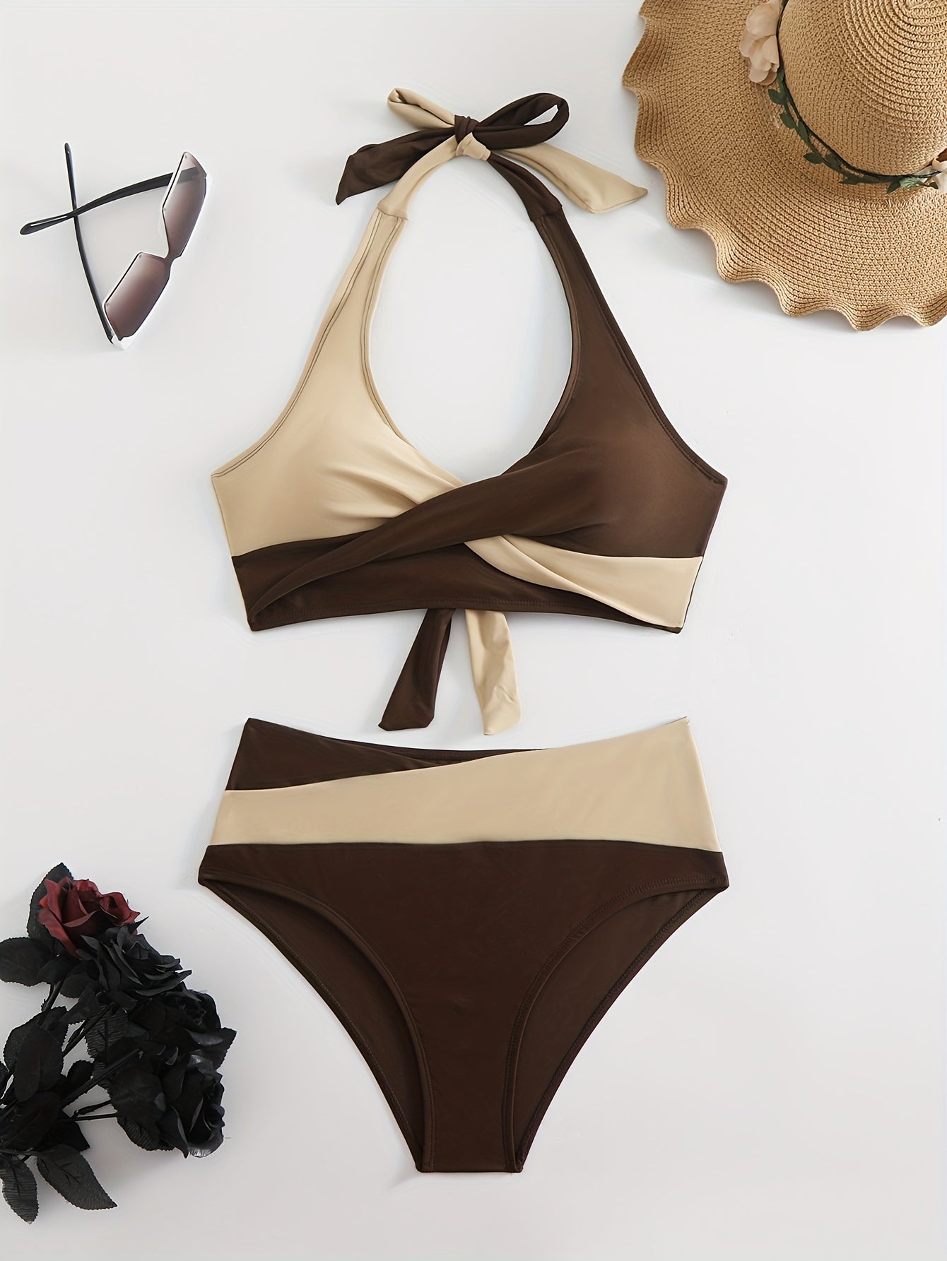 Women's Bikini Set, Solid Color Cross-Strap Two-Piece Sexy Beachwear with Halter Neck