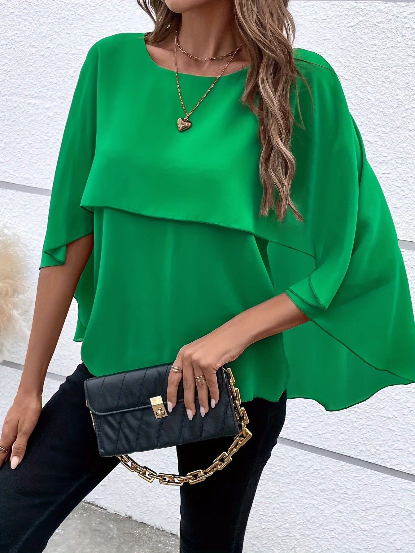 Women's Elegant Solid Color Asymmetrical Hem Blouse - Round Neck Short Sleeve Machine-Washable Top for Spring/Summer Casual Outings, Spring Fashion, No Stretch Fabric