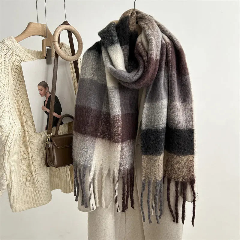 Ornella - Stilfuldt Strikket Kvinde Halstørklæde-Scarf-Zuruz-Sort Kaffegitter-38x250cm-Zuruz