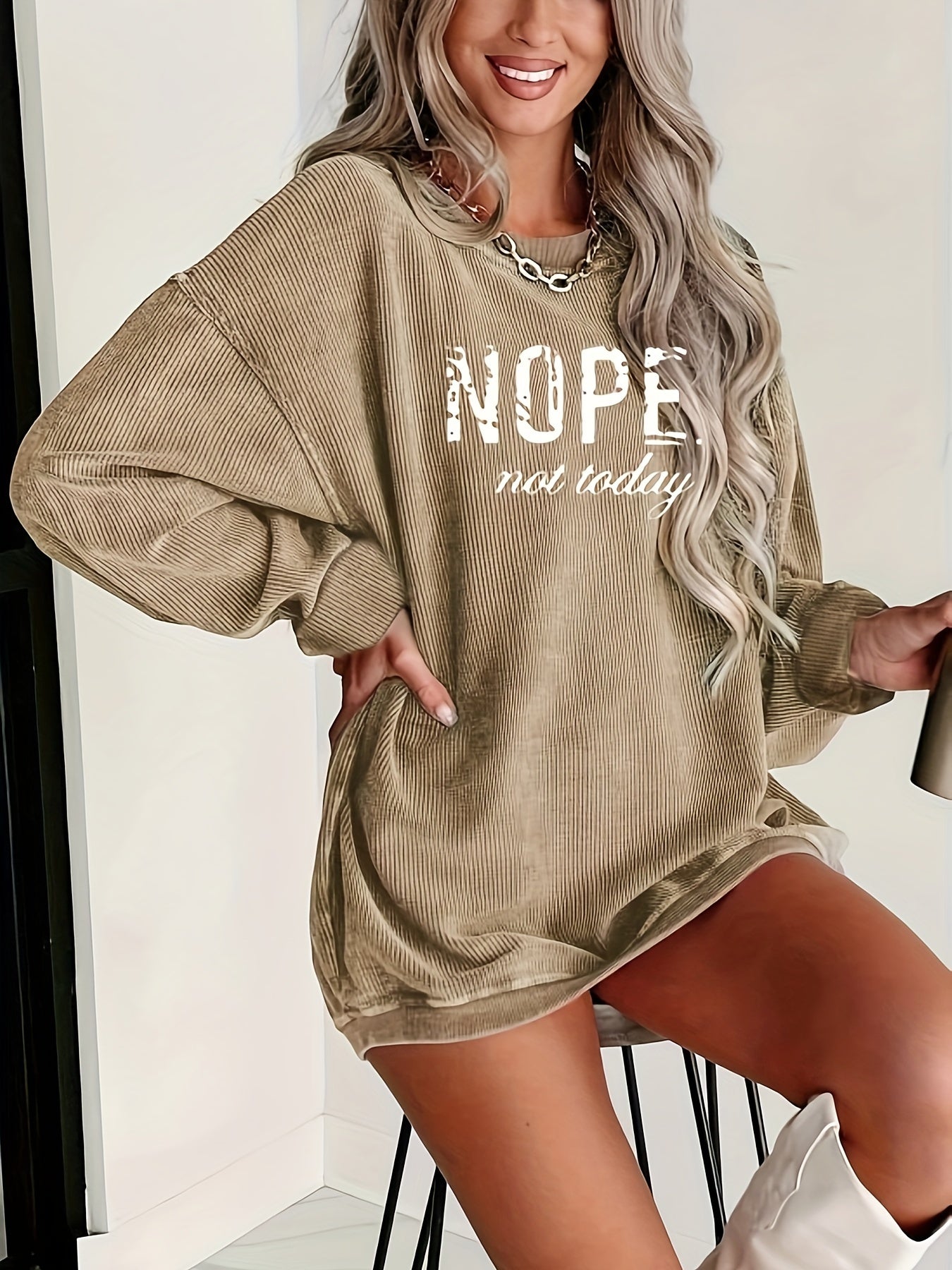 Women'S Casual Crew Neck Long Sleeve Top with "NOPE not today" Print, 100% Polyester, Woven Fabric, 210g/m², All-Season Comfort Fit