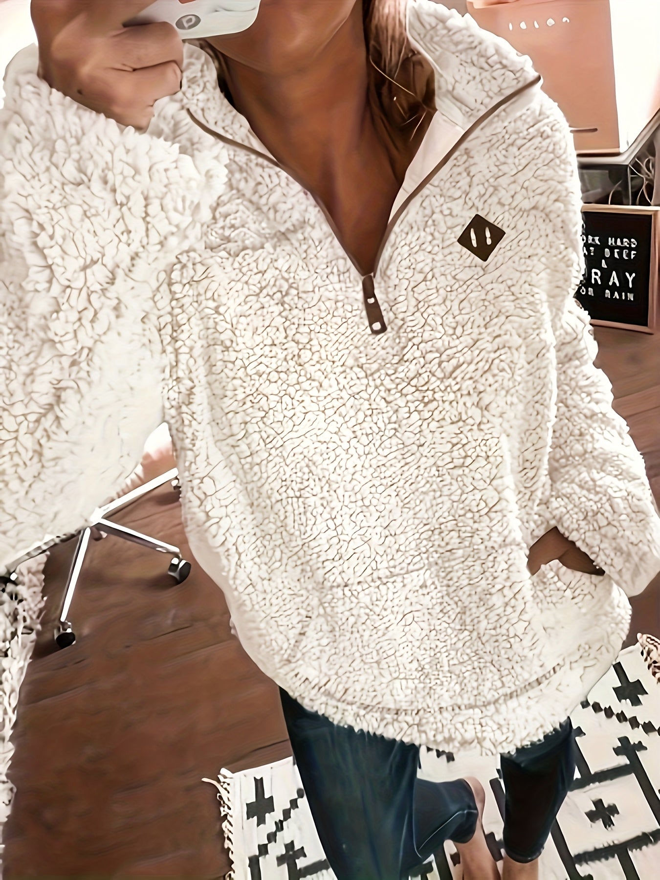 Women'S Shearling Fleece Zippered Sweatshirt, Casual High Neck Long Sleeve Pullover, 100% Polyester Solid Color, All-Season Warmth, Woven Cozy Fashion Top