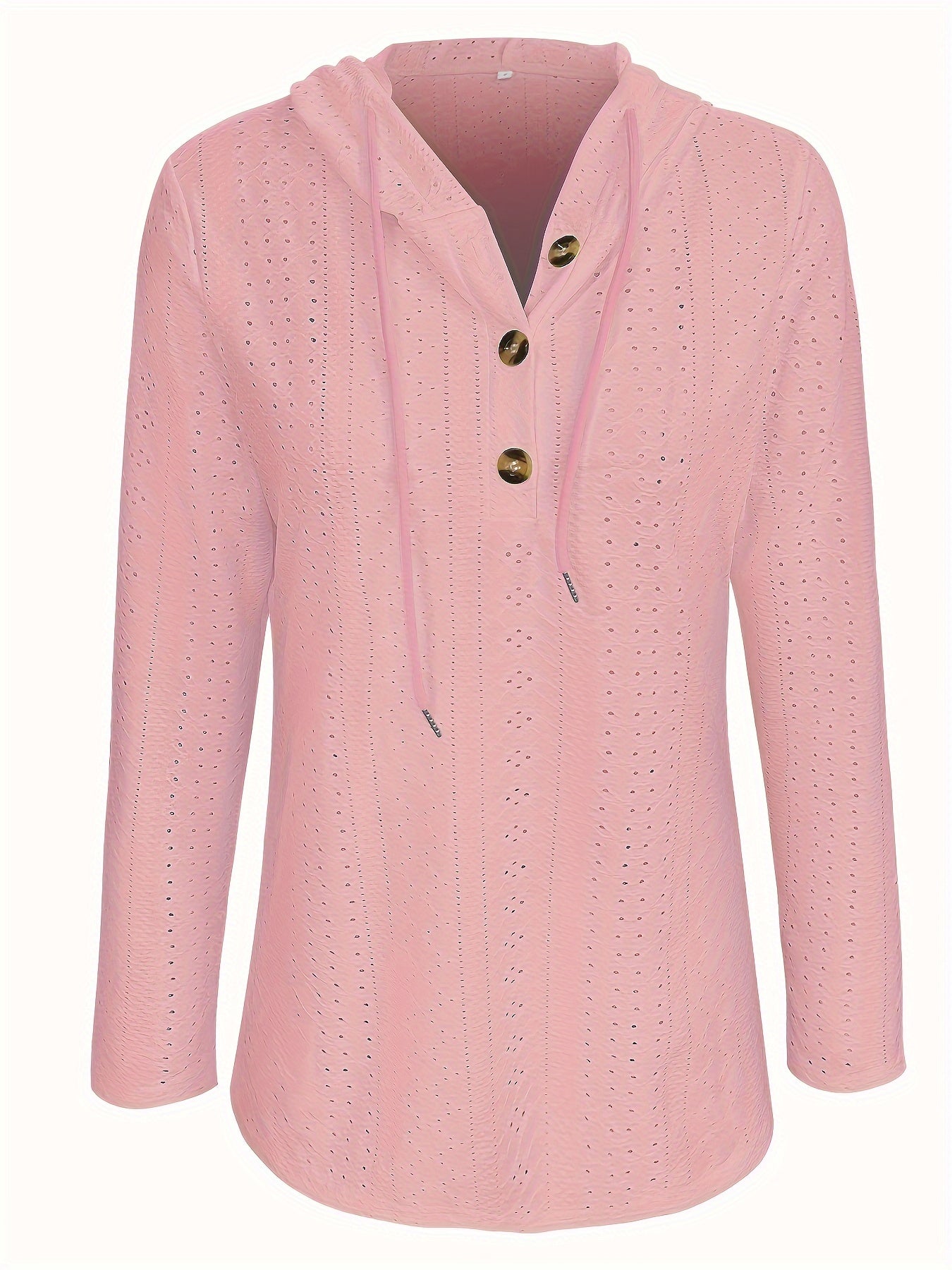 Solid Color Button Eyelet Hoodie, Casual Long Sleeve Drawstring Hoodie Sweatshirt, Women's Clothing