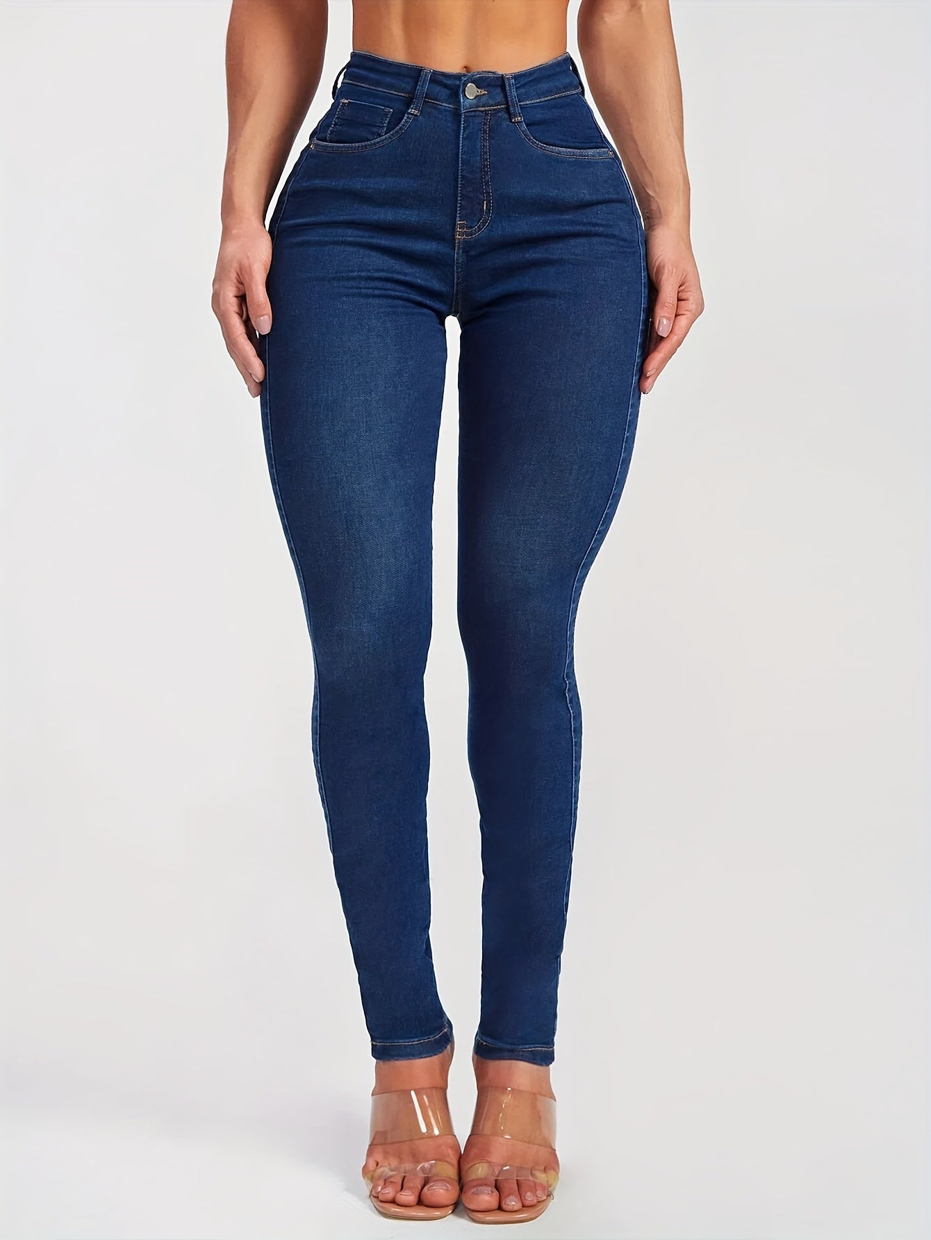 Women's High-Waisted Skinny Jeans, Sexy Solid Color Denim, Stretch Fabric, Washed Detail, for Fall/Winter