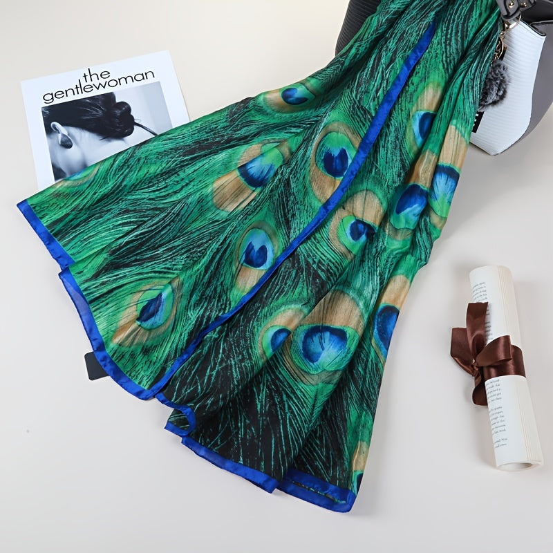 Grøn Påfugl Fjer Print Sjal Boho Vintage Halstørklæde