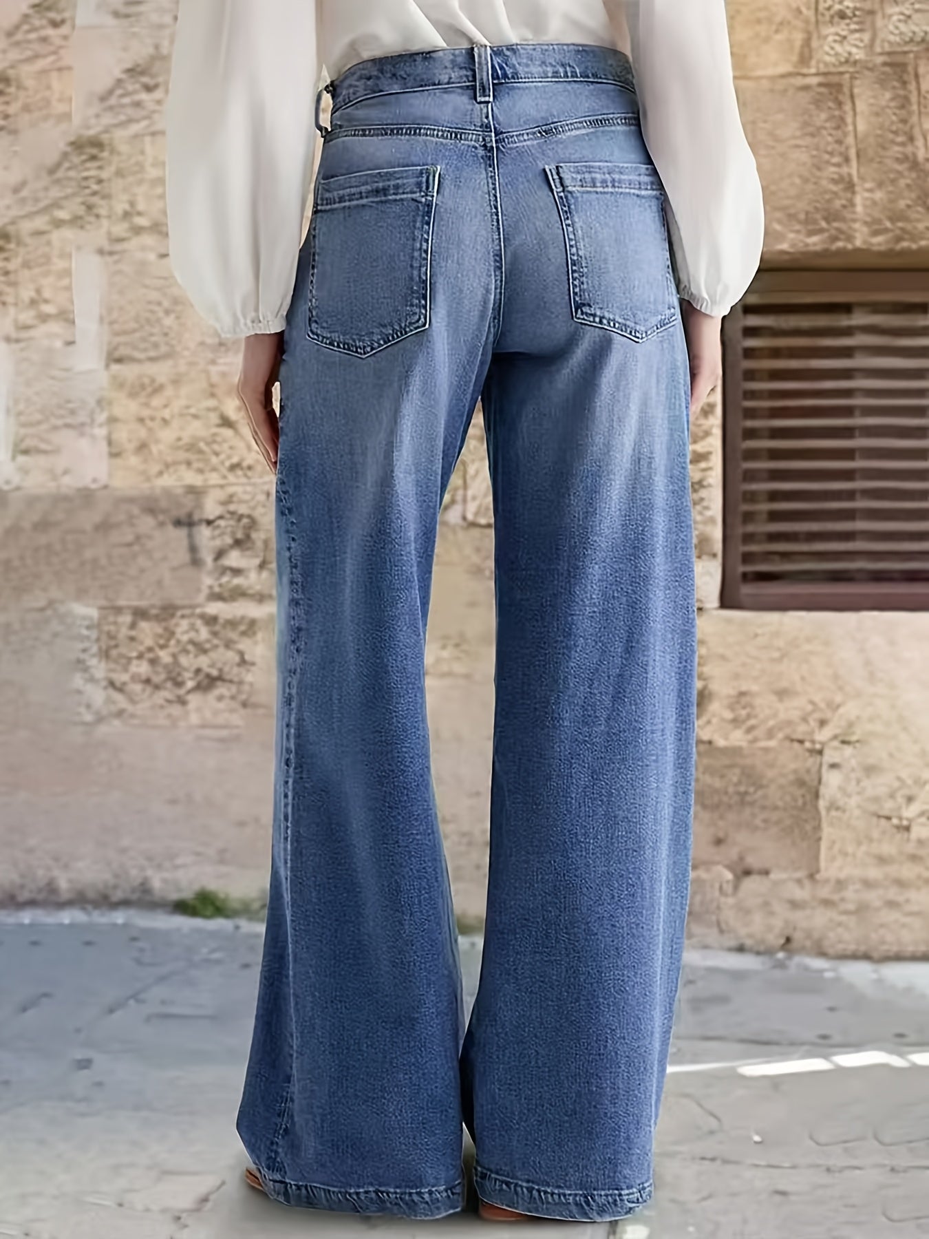 Women'S Stretchy Straight-Leg Wide Leg Jeans, Light Blue Washed Casual Pants with Slanted Pockets, Comfortable Classic Fit for All Seasons, Travel & Daily Wear, Comfortable Fashion | Classic Wide Leg | Medium Stretch Fabri