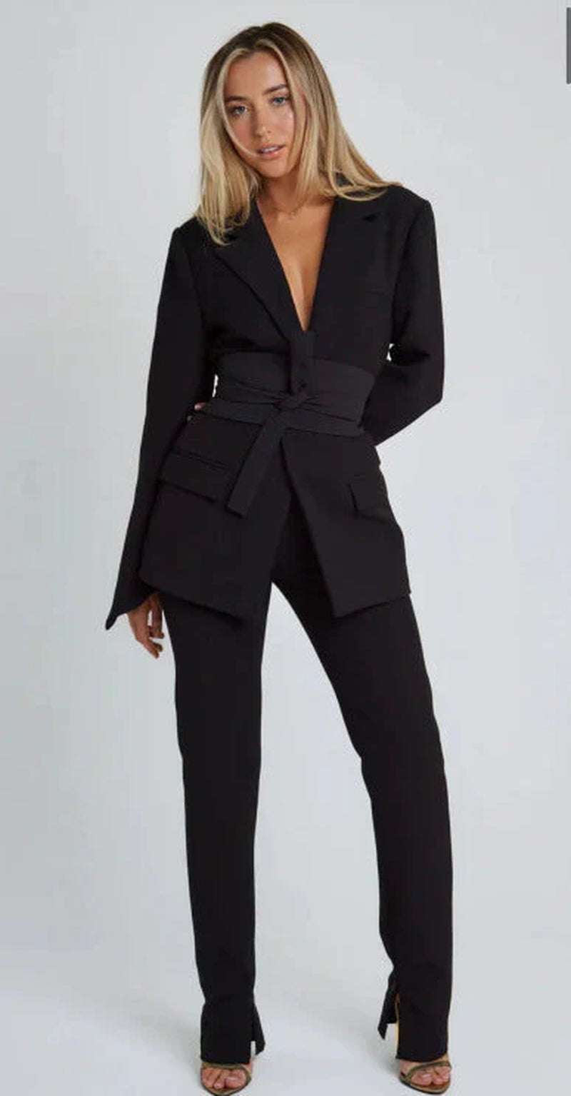 Women’S Blazer – Tailored Fit – Longline Silhouette – Self-Tie Waist – Notched Lapel