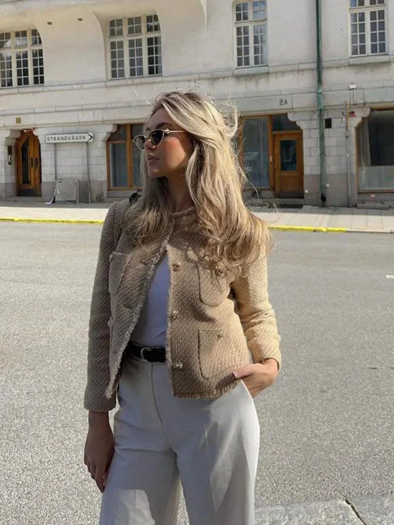 Women’S Tweed Jacket – Tailored Structured Fit – Boxy Silhouette – Button Front