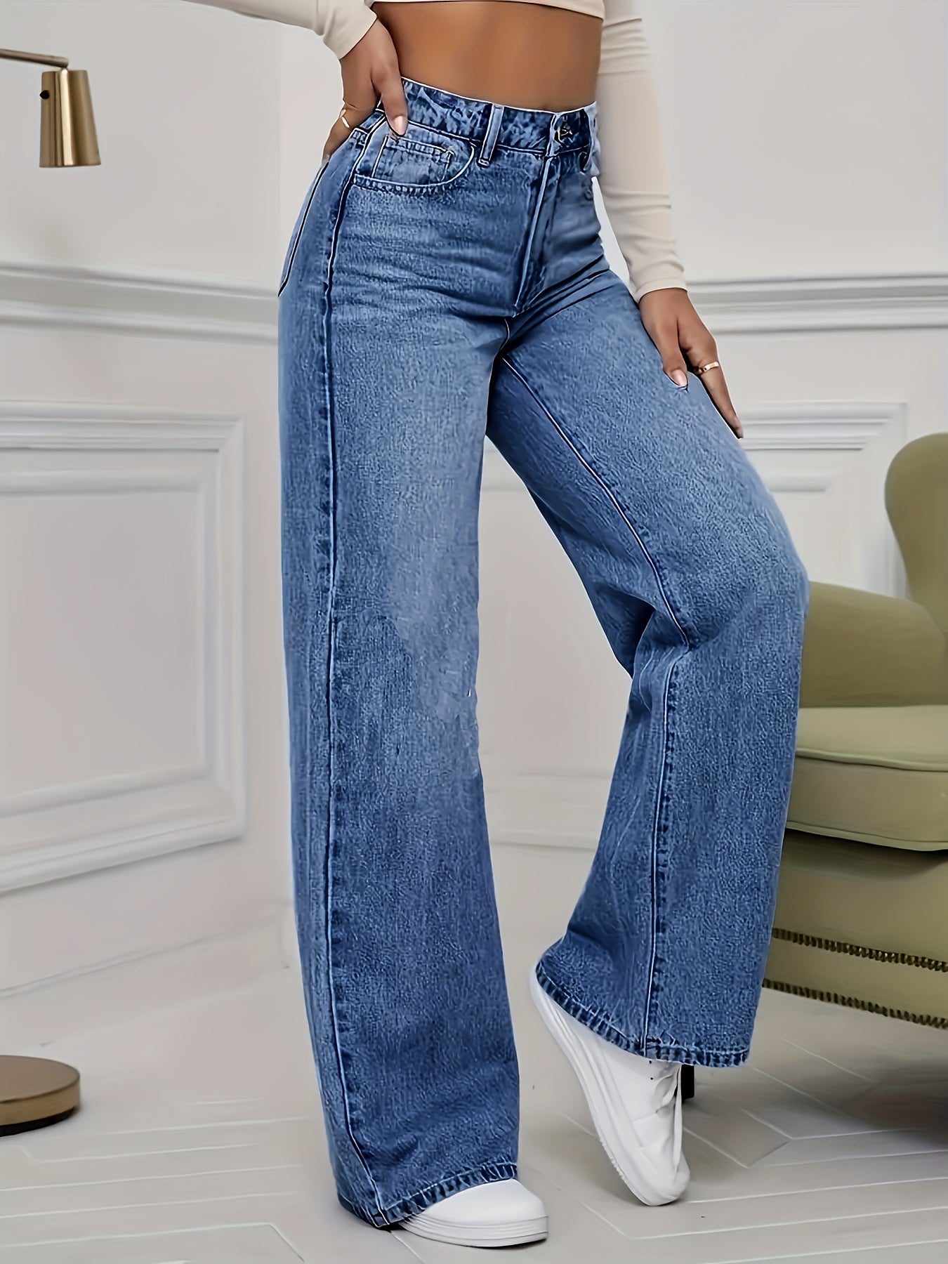 Women's Fashion Stretch Denim JK8820-T# Long Pants, Casual Washed Jeans, Straight Fit, No Belt, All-Season, Solid Color, Regular Length, Built-in Zipper, CPUY Brand