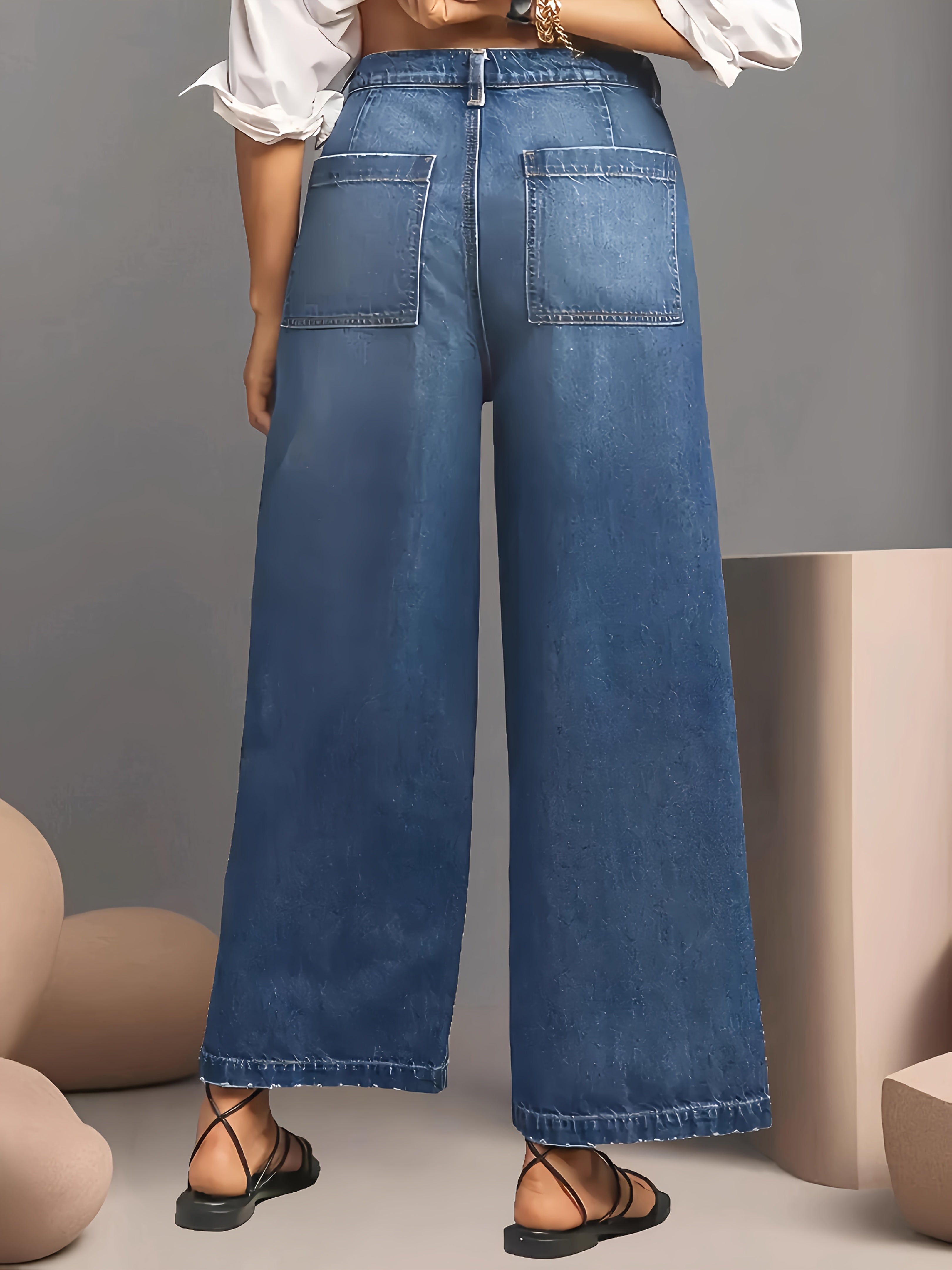 8812# Elastic Mid-Waist Wide Leg Jeans Retro Washed Pants with Brushed Hem and Slanted Pockets