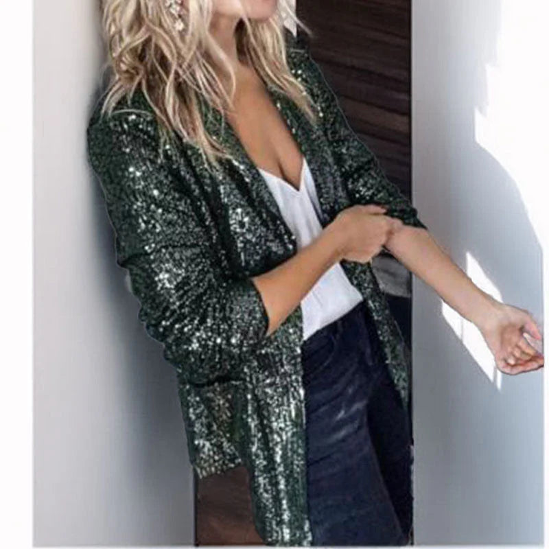 Women’S Blazer – Sequin Embellished – Tailored Fit – Open Front Notch Lapel – Full Sleeve