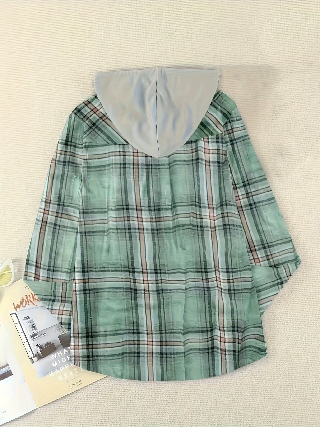 Women's Green Plaid Hoodie Jacket - Button-Front Hooded Cardigan, Long Sleeve Non-Stretch Outerwear for Spring/Fall/Summer Layering, Everyday Casual Outfits (Non-Stretch Fabric), Fall Fashion, Relaxed Fit, Structured Fabric, Spring Wardrobe
