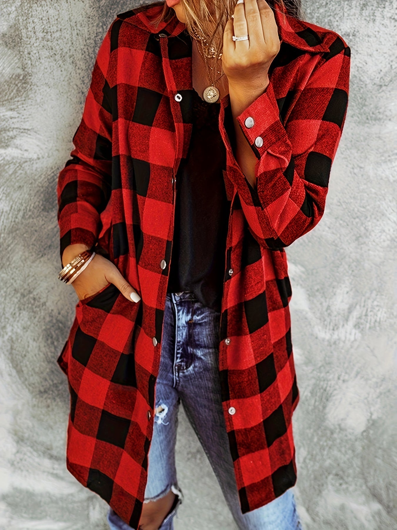 Plaid Print Button Front Shirt, Casual Long Sleeve Shirt For Spring & Fall, Women's Clothing