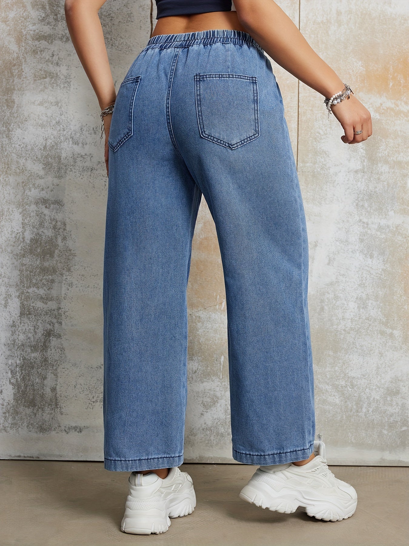 Elastic Waist Loose Fit Denim Pants, Plain Washed Blue Wide Leg Jeans, Women's Denim Jeans & Clothing For Fall
