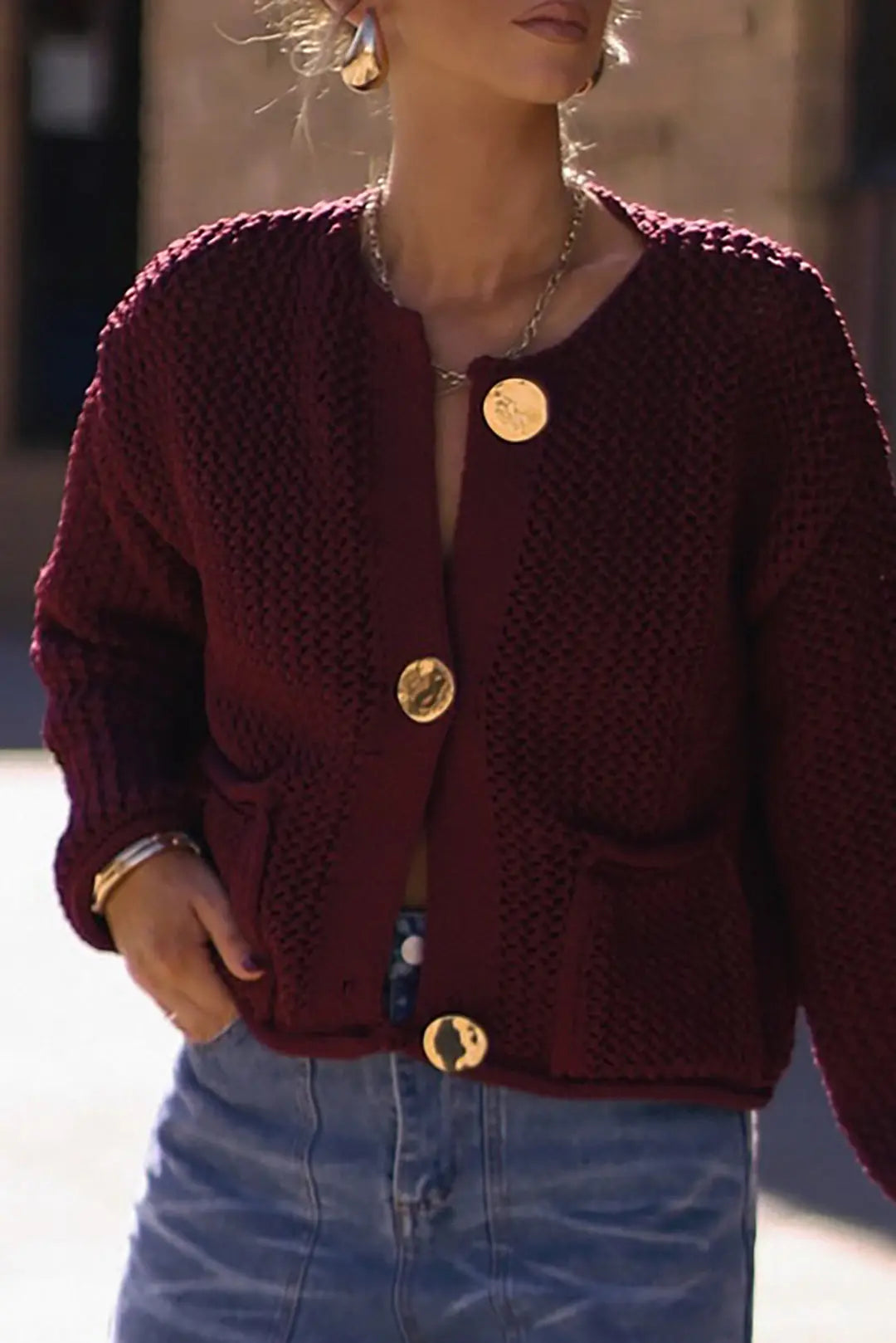 Zara – Elegant Knapdetaljeret Patchwork Lomme Cardigan til Kvinder-Cardigans-Zuruz-Zuruz